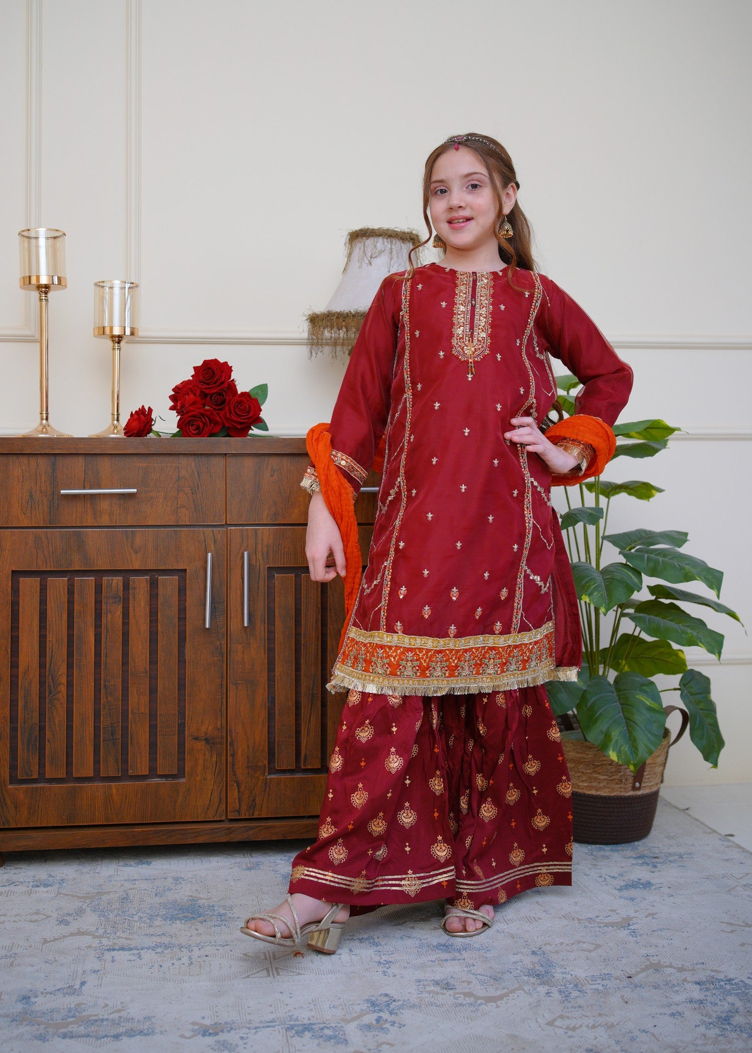organza Gharara in Deep carmine