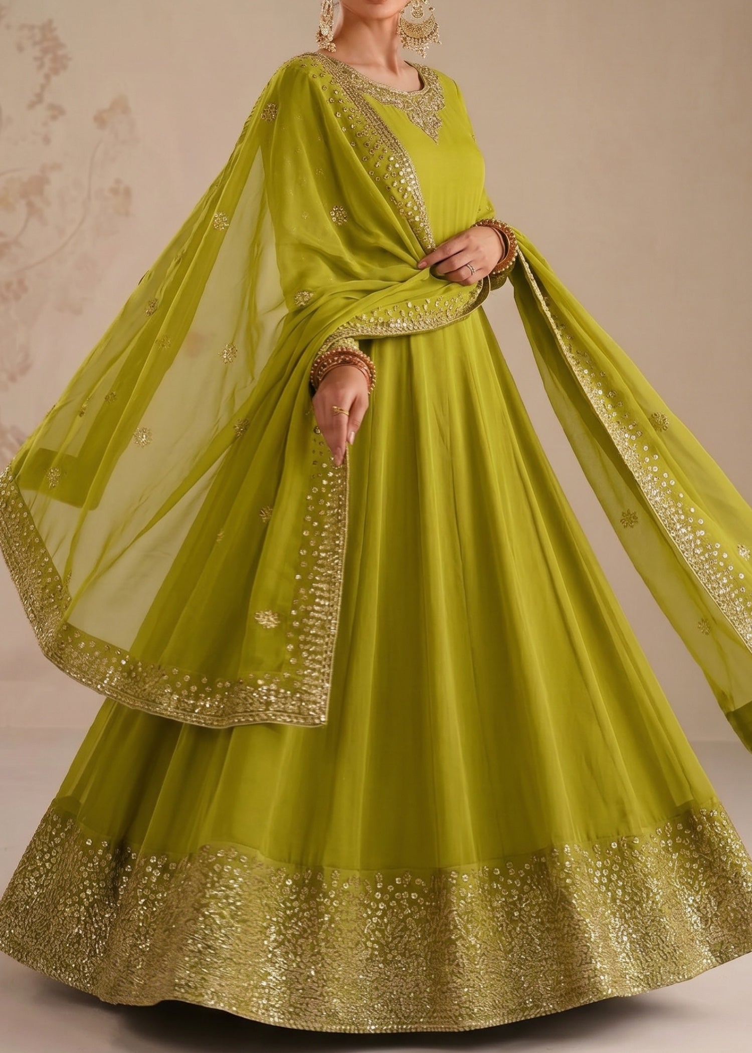 chiffon Pishwas in Apple green