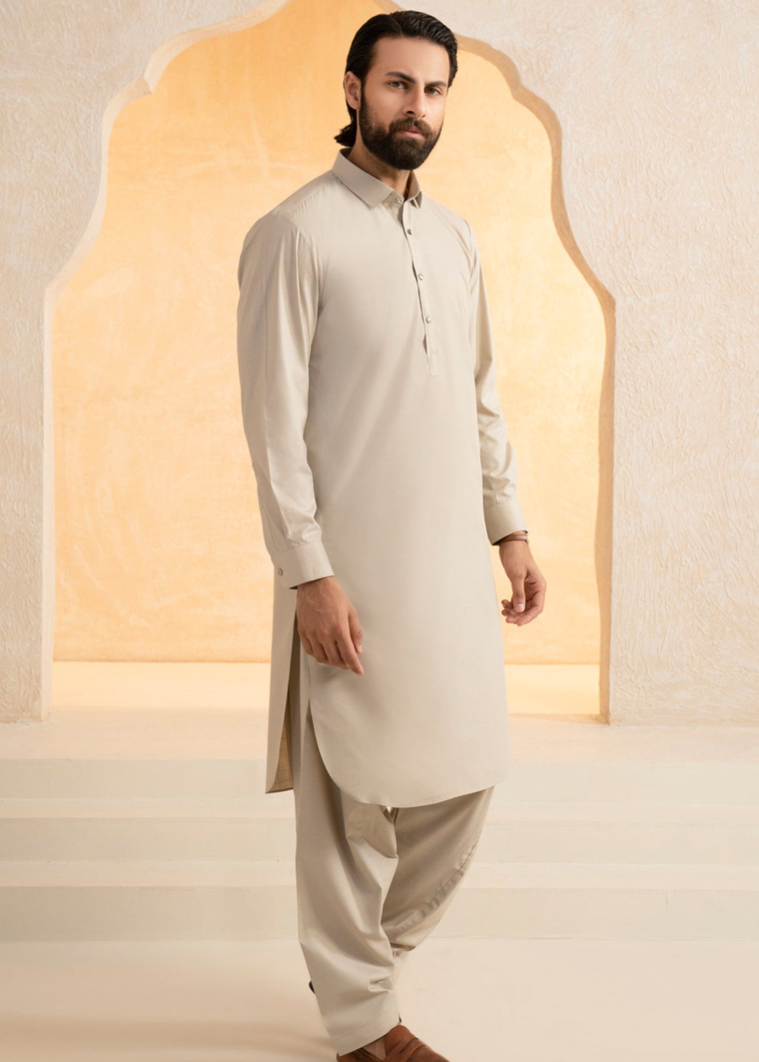 blended satin Shalwar Kameez in Stone grey