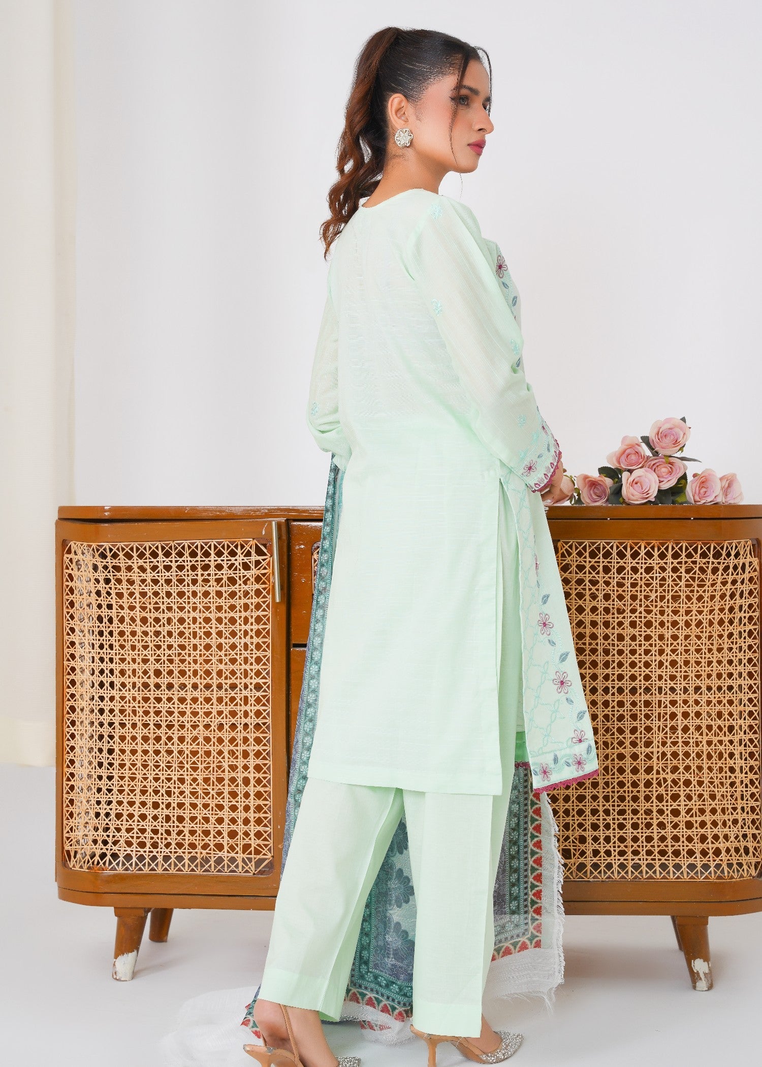 textured lawn Kurta Set in Tea green