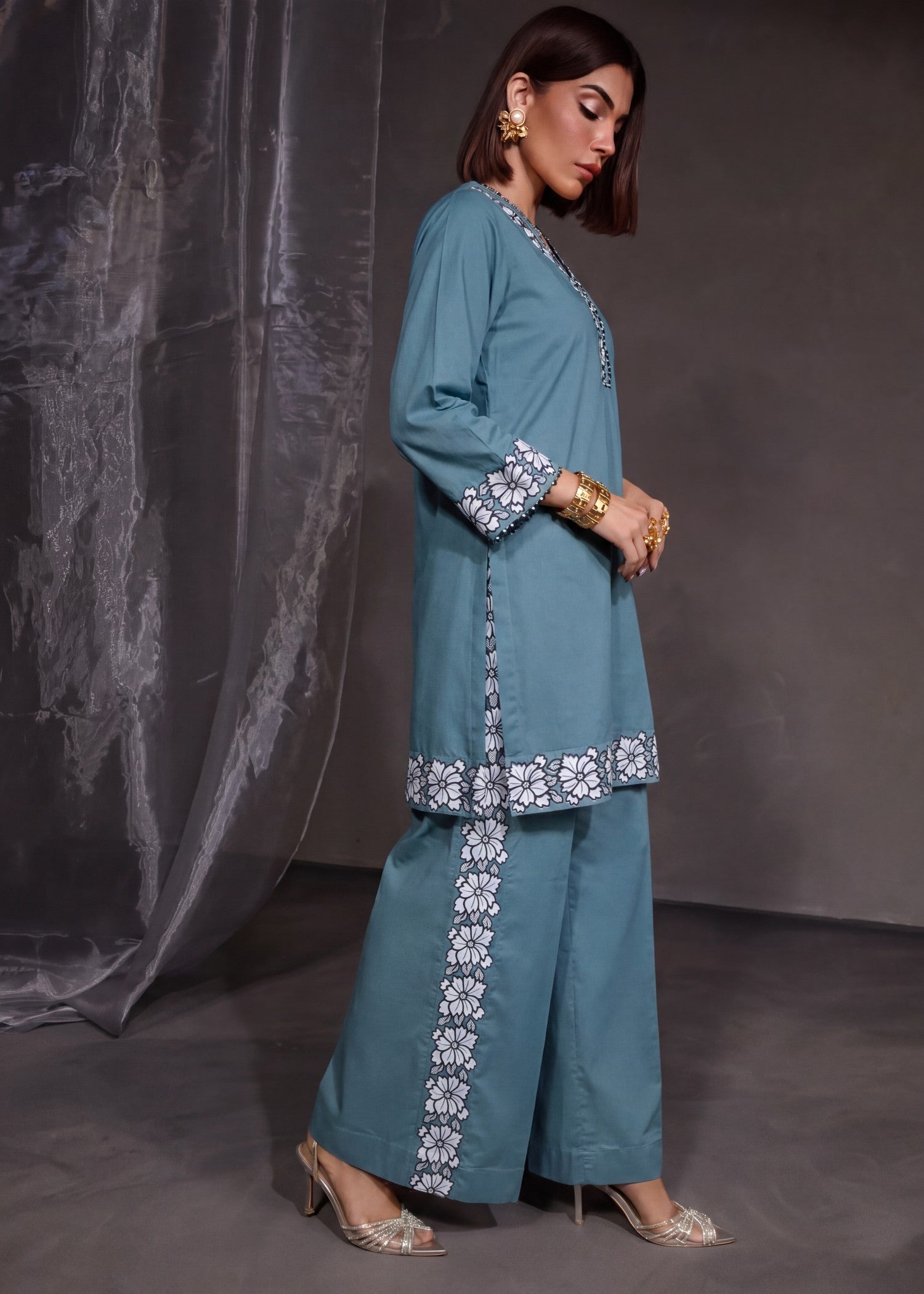 lawn Kurta Set in Pacific blue