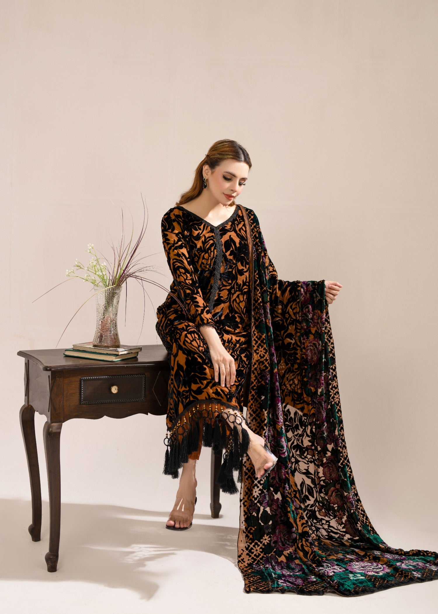 velvet Kurta Set in Burnt orange