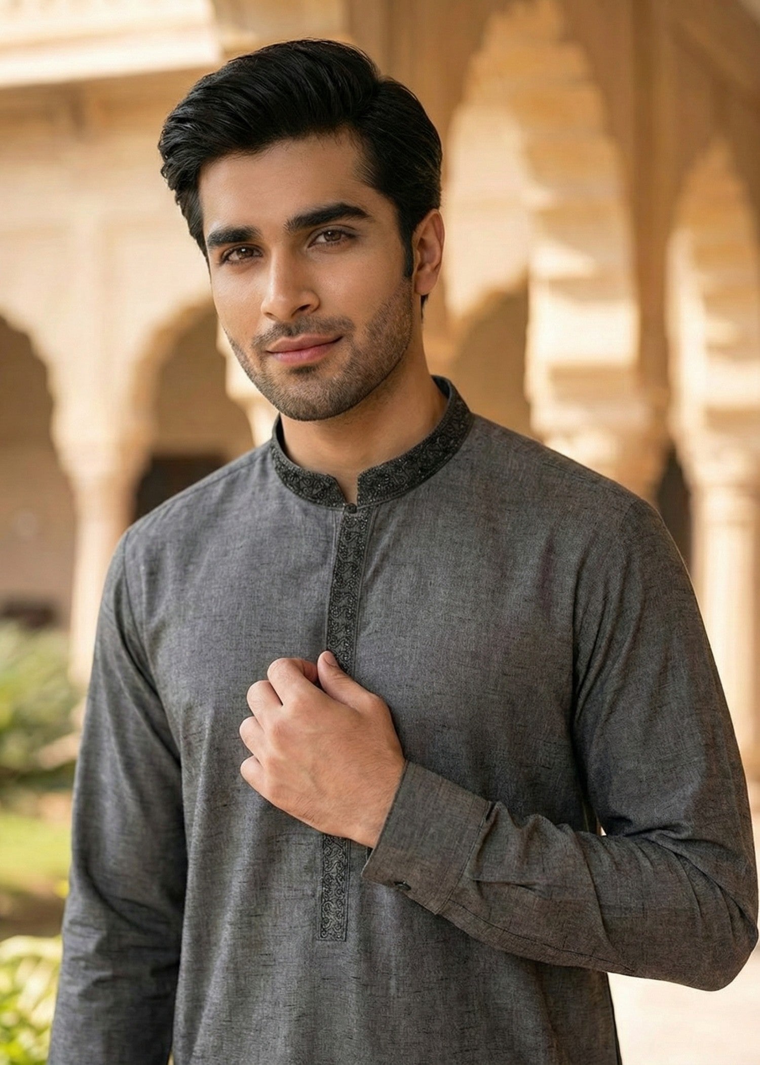 textured wash & wear Shalwar Kameez in Charcoal