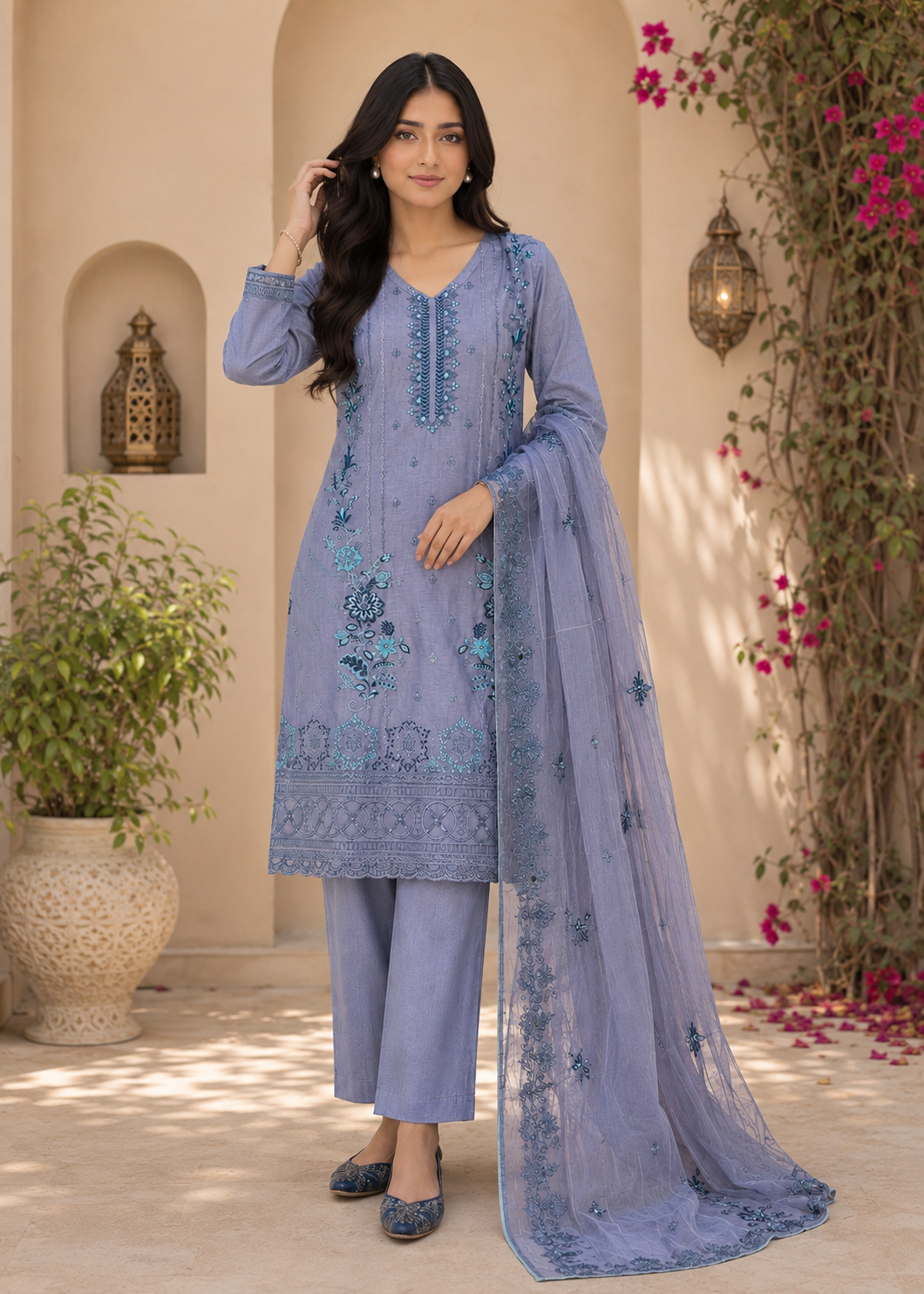 cotton Kurta Set in Duck egg grey