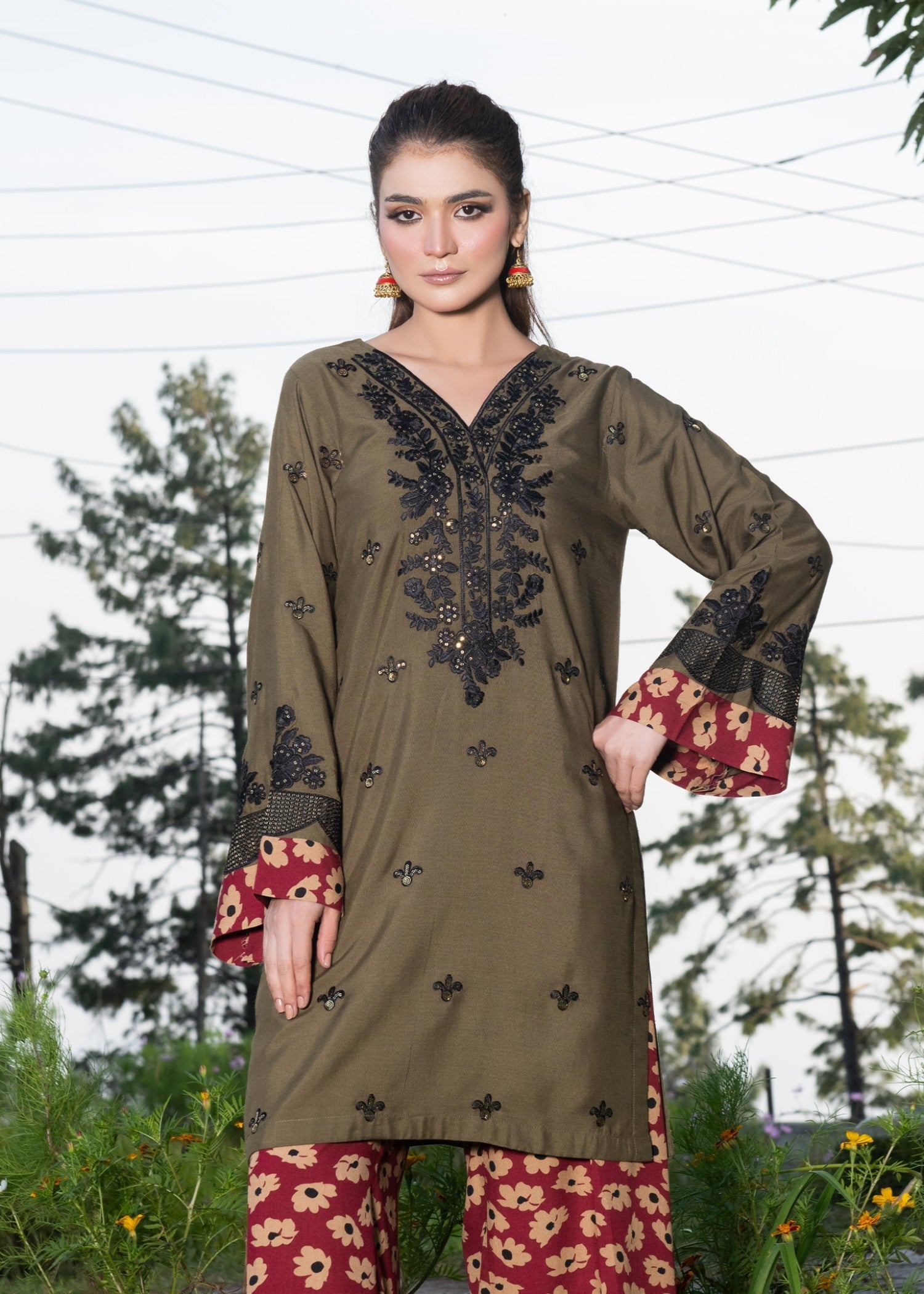 viscose Kurta Set in Olive green