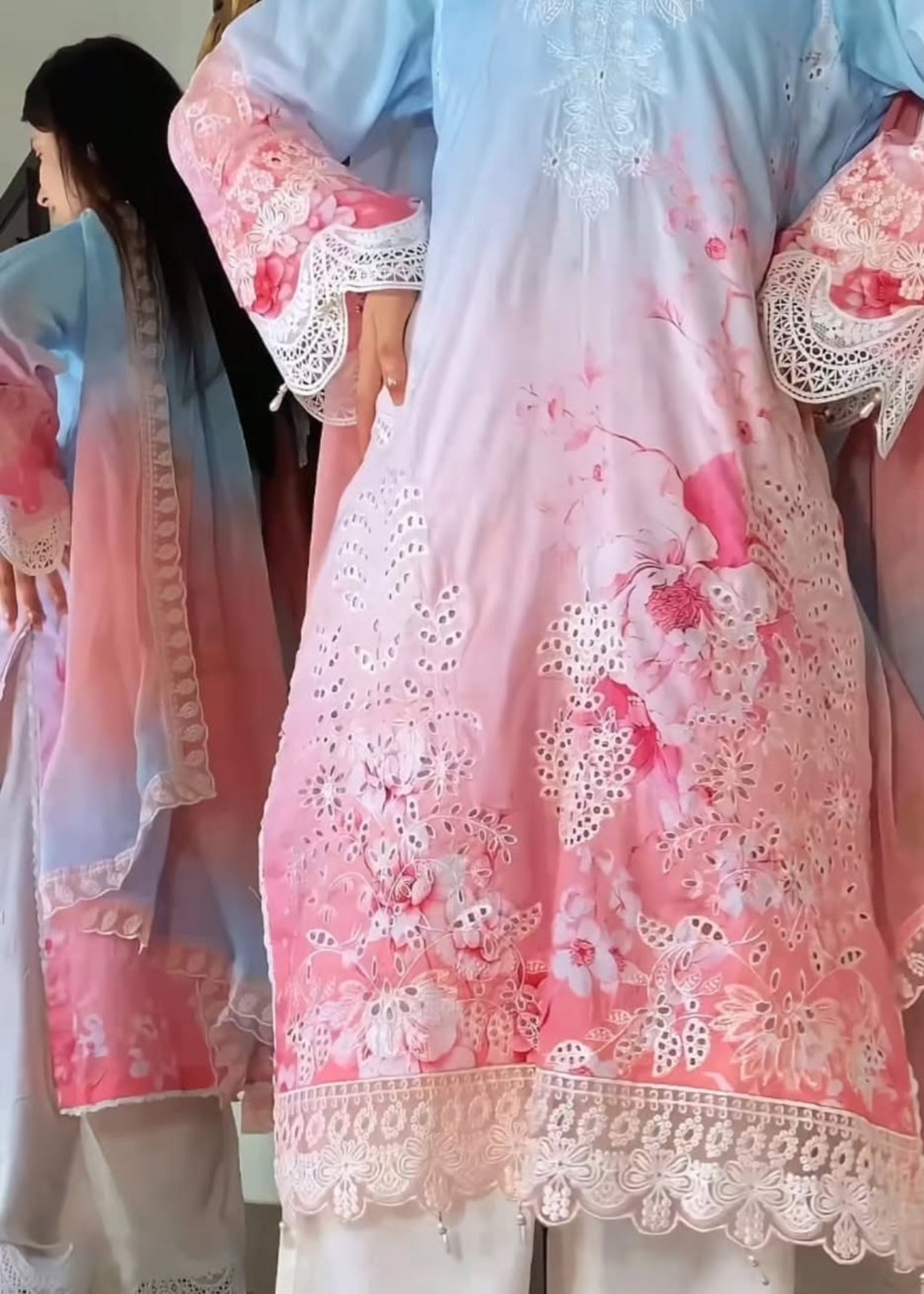 lawn Kurta Set in Multi, pink, sky blue
