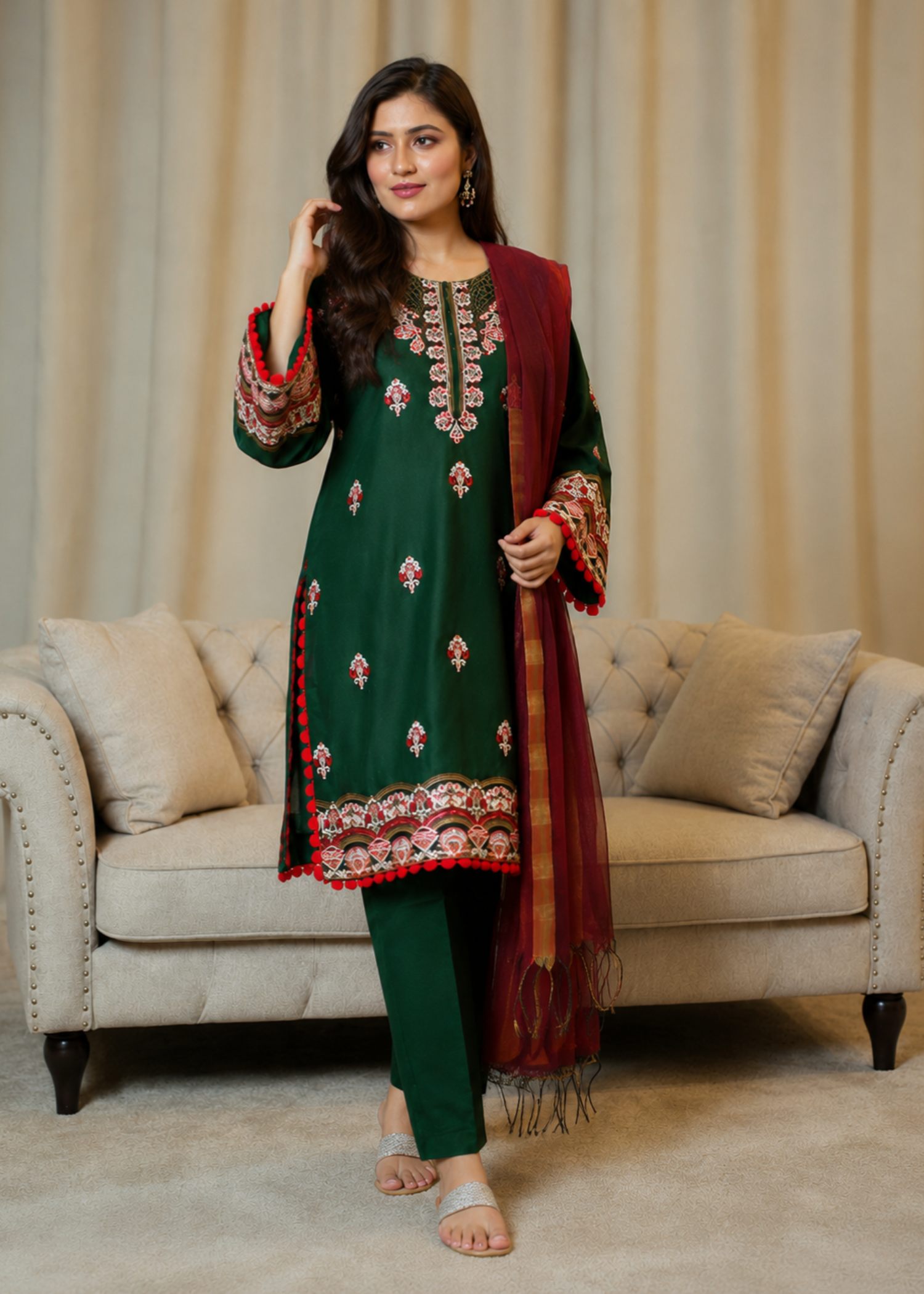 lawn cotton Unstitched in Hunter green