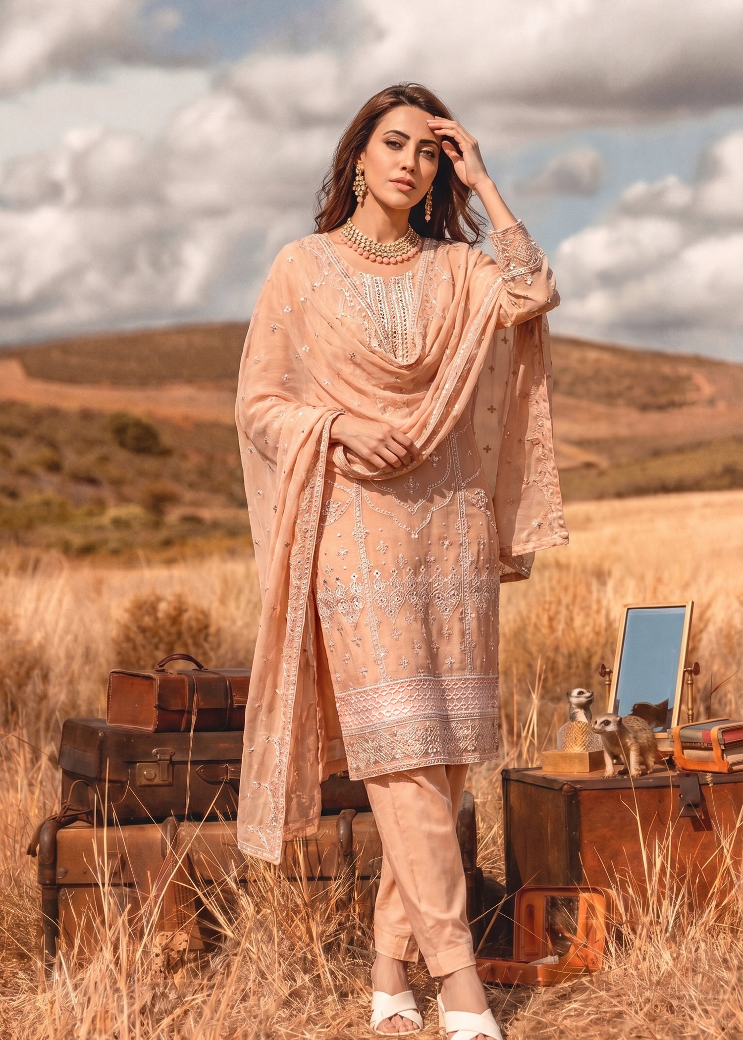 chiffon Kurta Set in Marmalade orange