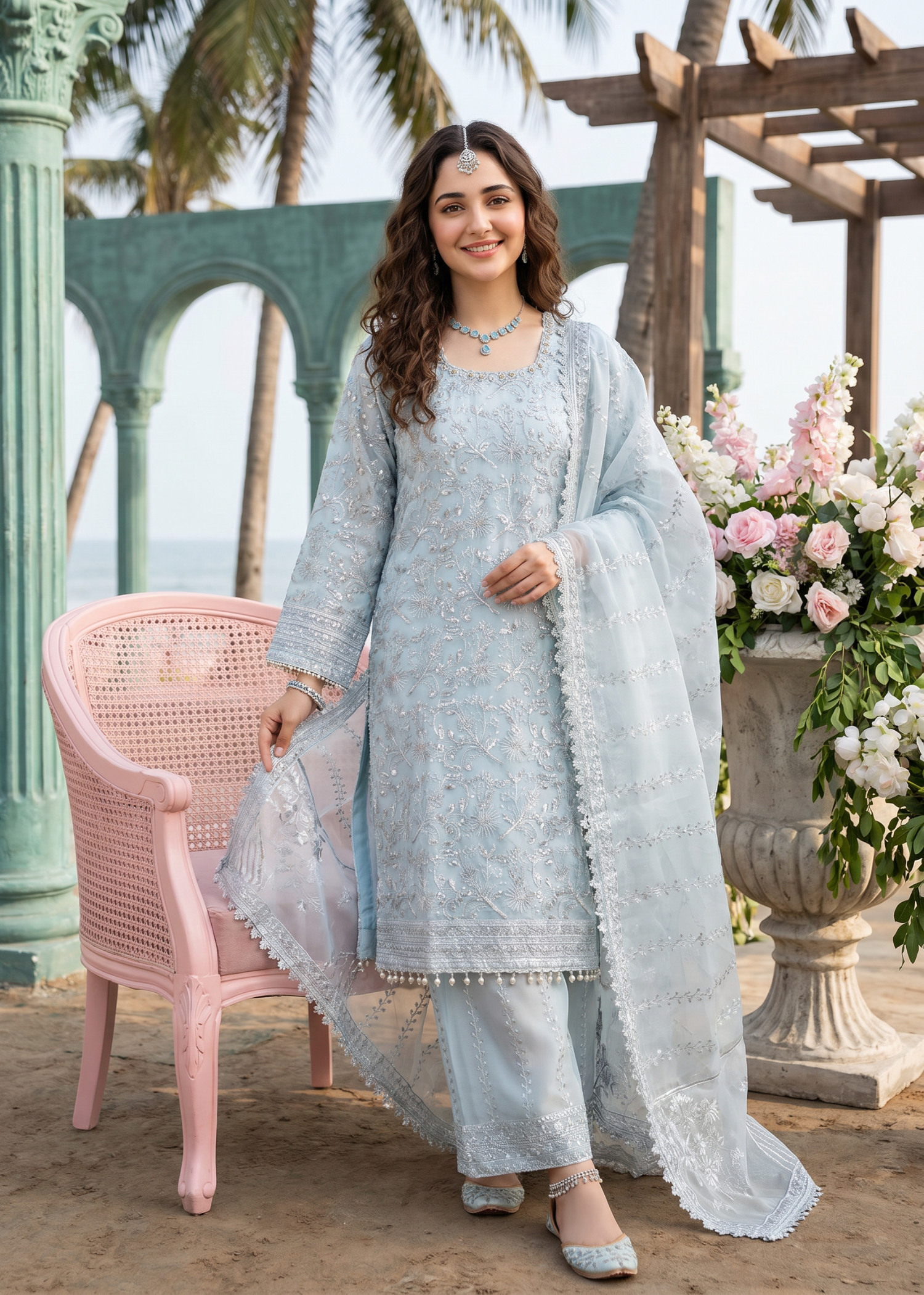 organza Kurta Set in Ice blue