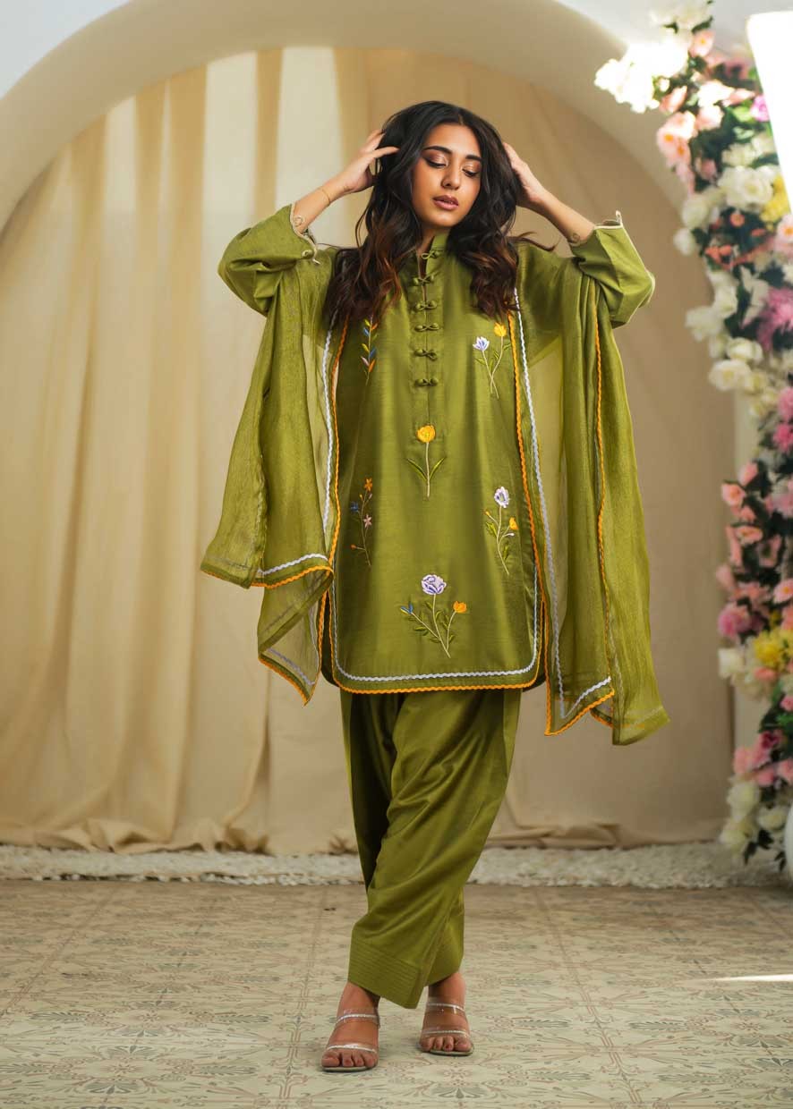 kattan silk Kurta Set in Olive green