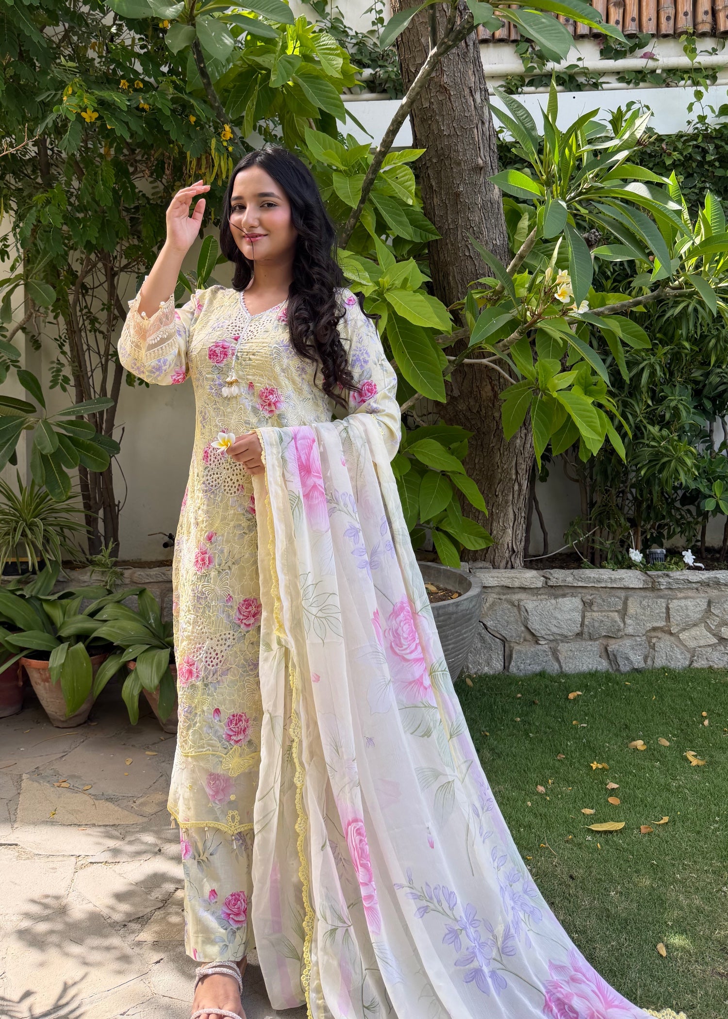 lawn Kurta Set in Beige, mellow yellow