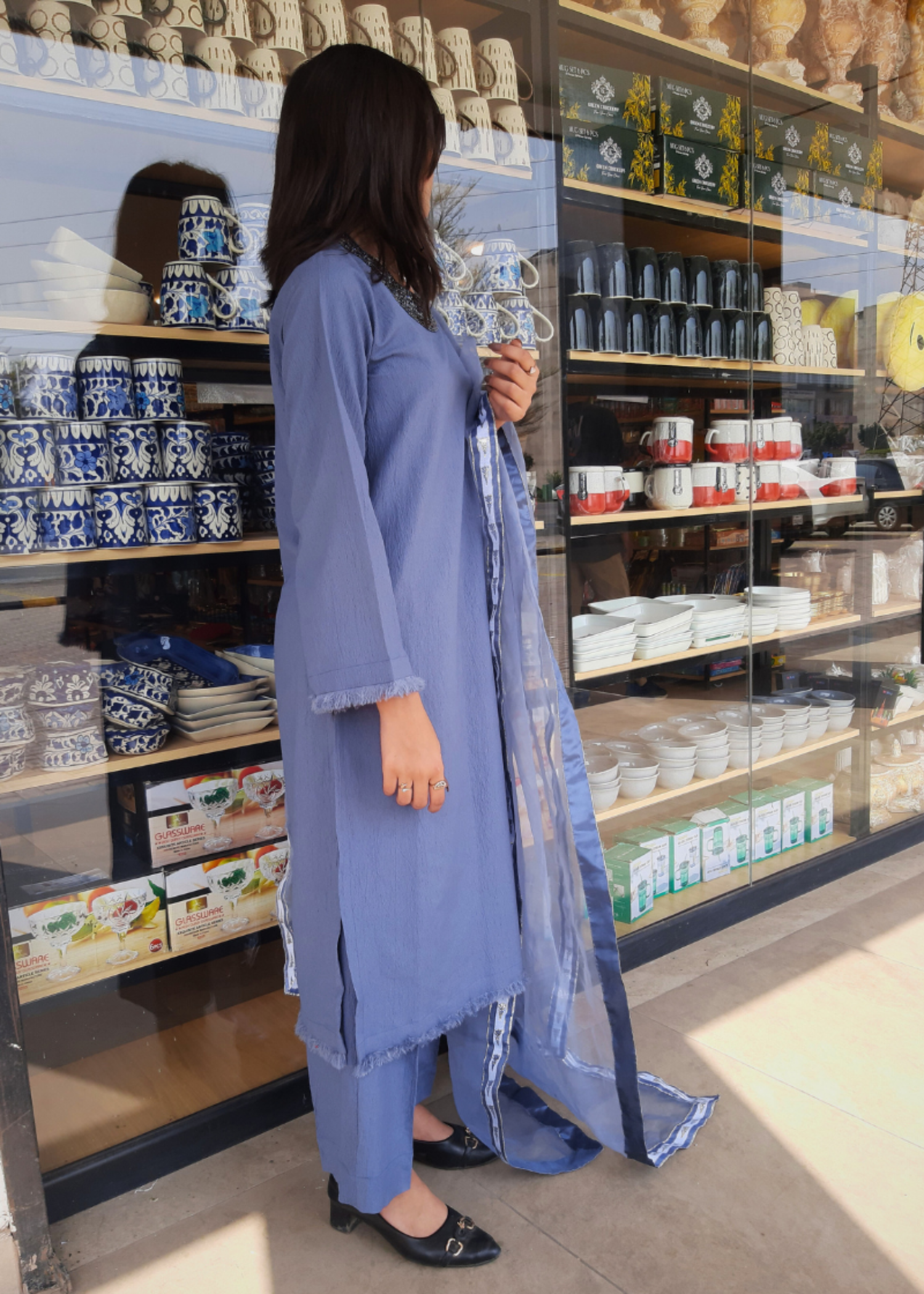 textured grip Kurta Set in Steel blue