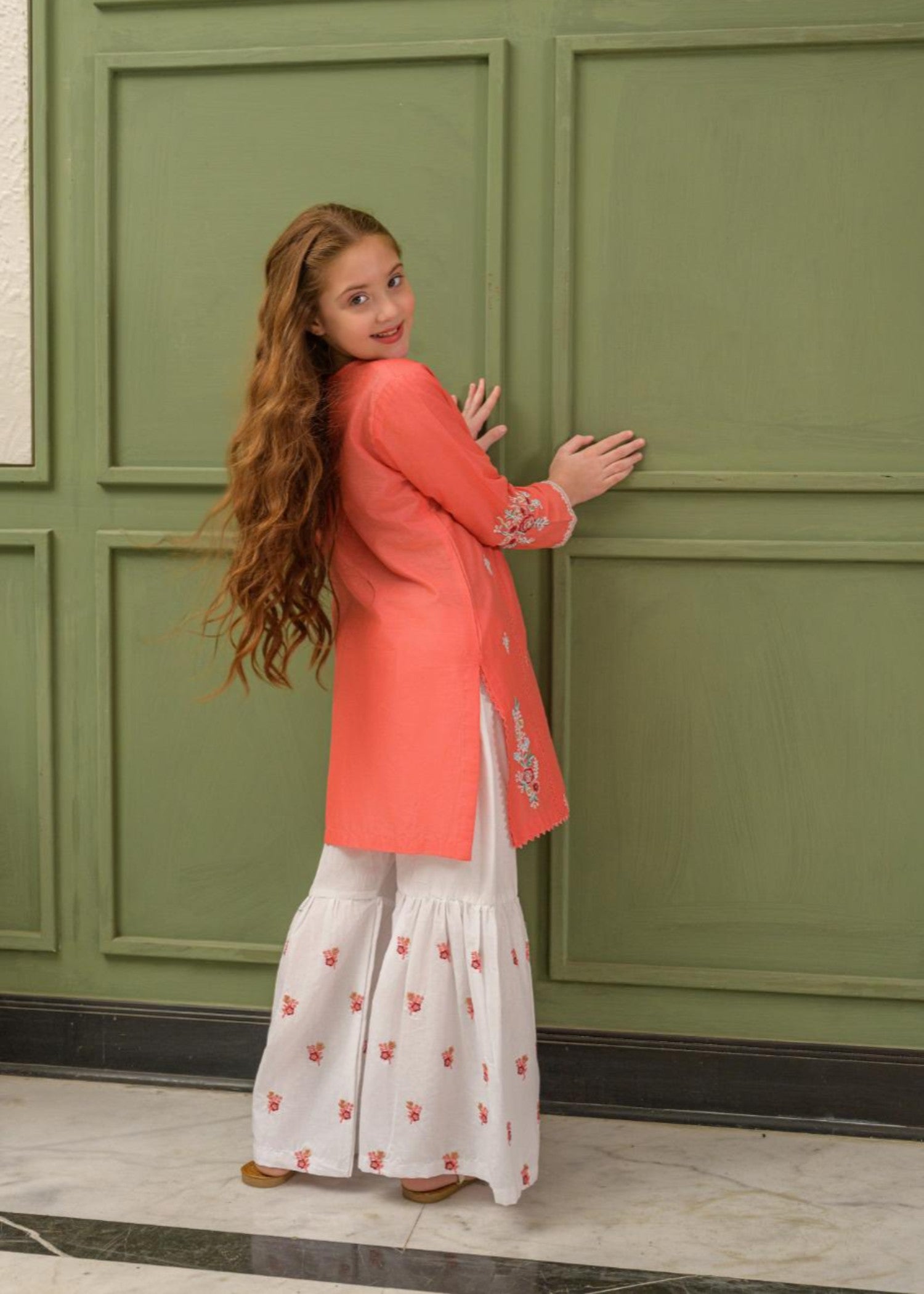 lawn Gharara in Coral pink