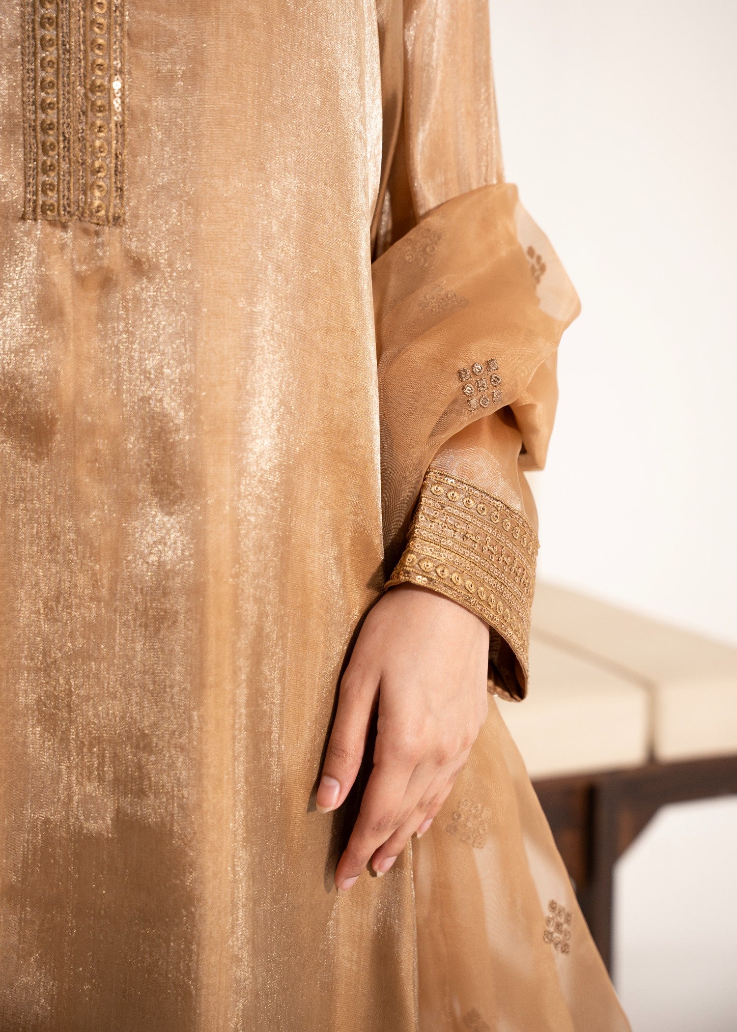 silk tissue Kurta Set in Gold