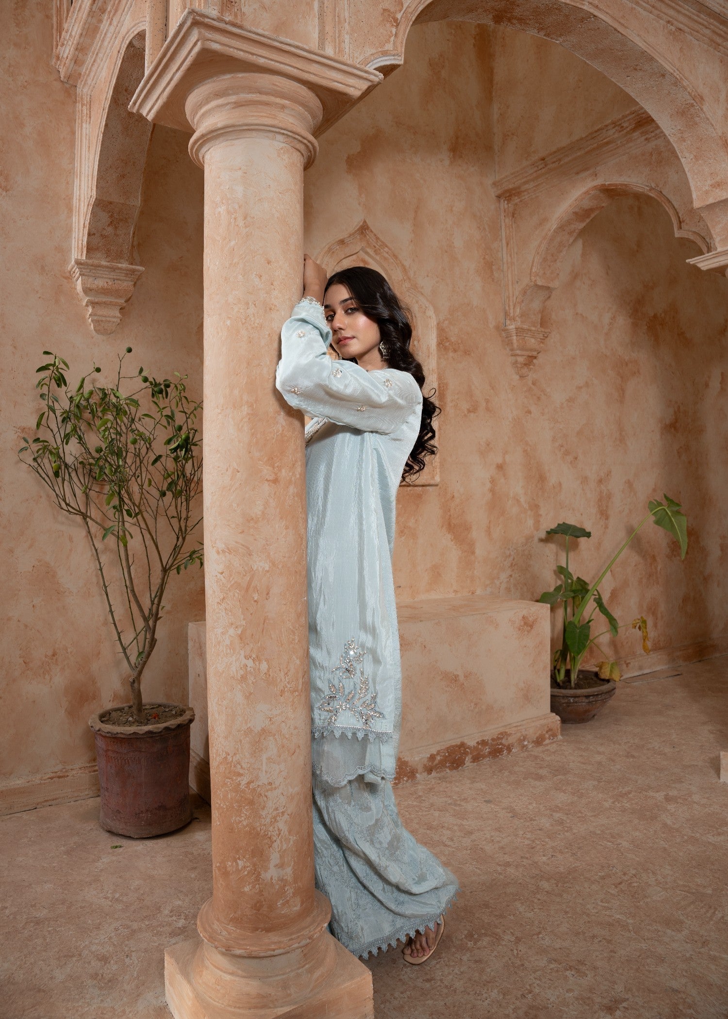 raw silk Kurta Set in Ash grey