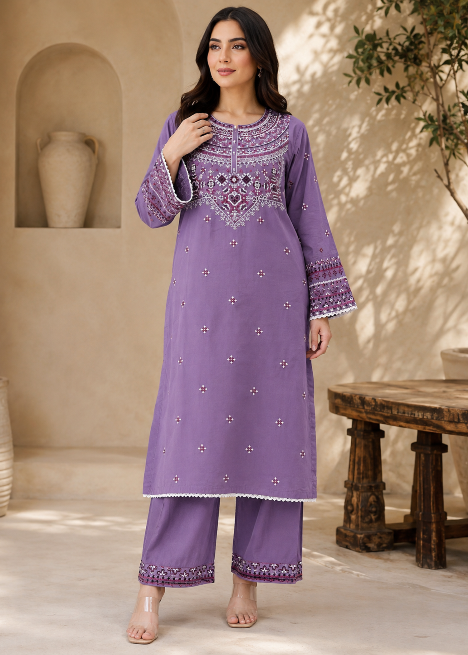 lawn cotton Kurta Set in Heathered lilac