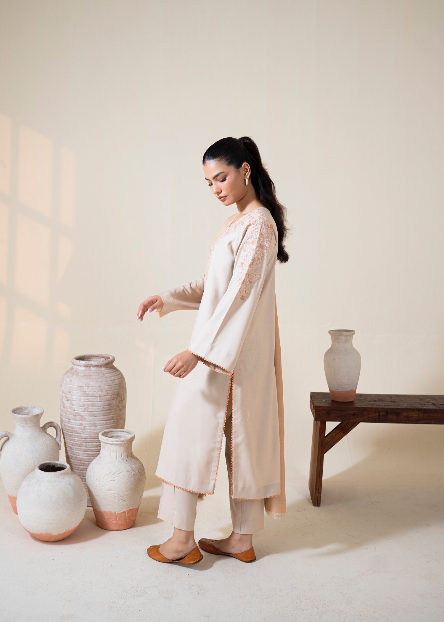 dhanak wool Kurta Set in Beige