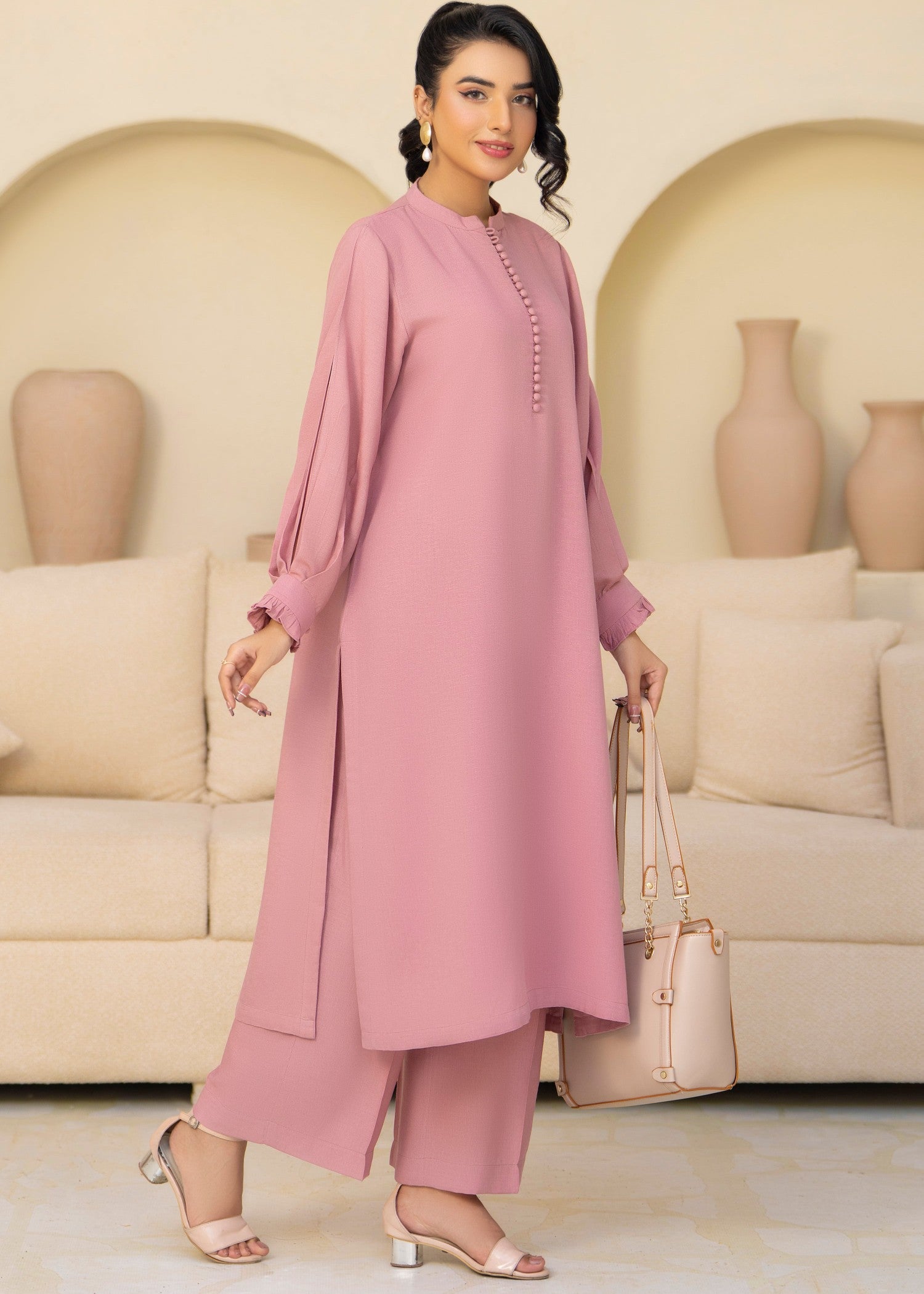 silk karandi Kurta Set in Tea rose pink