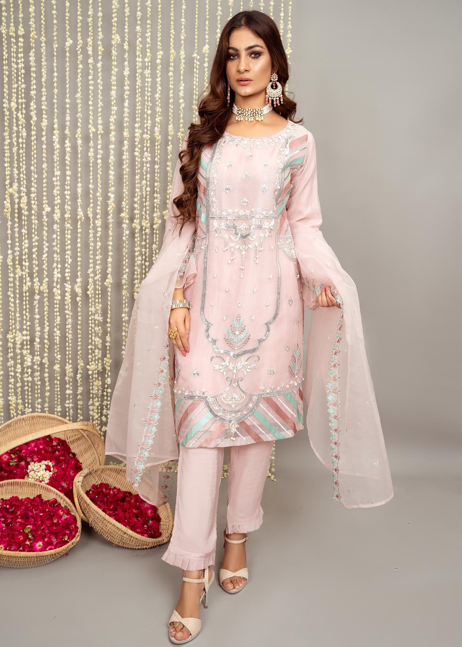 organza Kurta Set in Baby pink