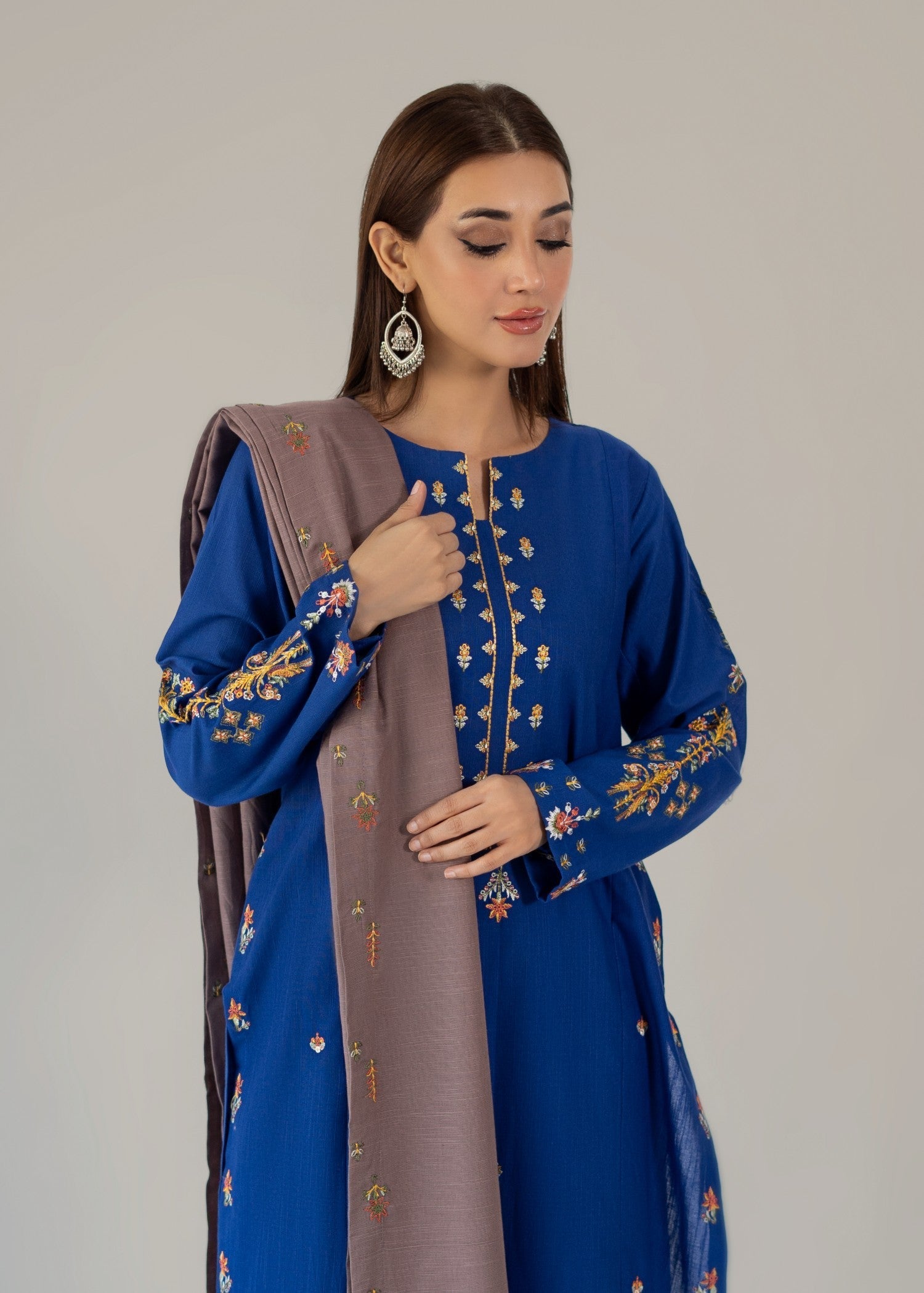 slub khaddar Kurta Set in Blue