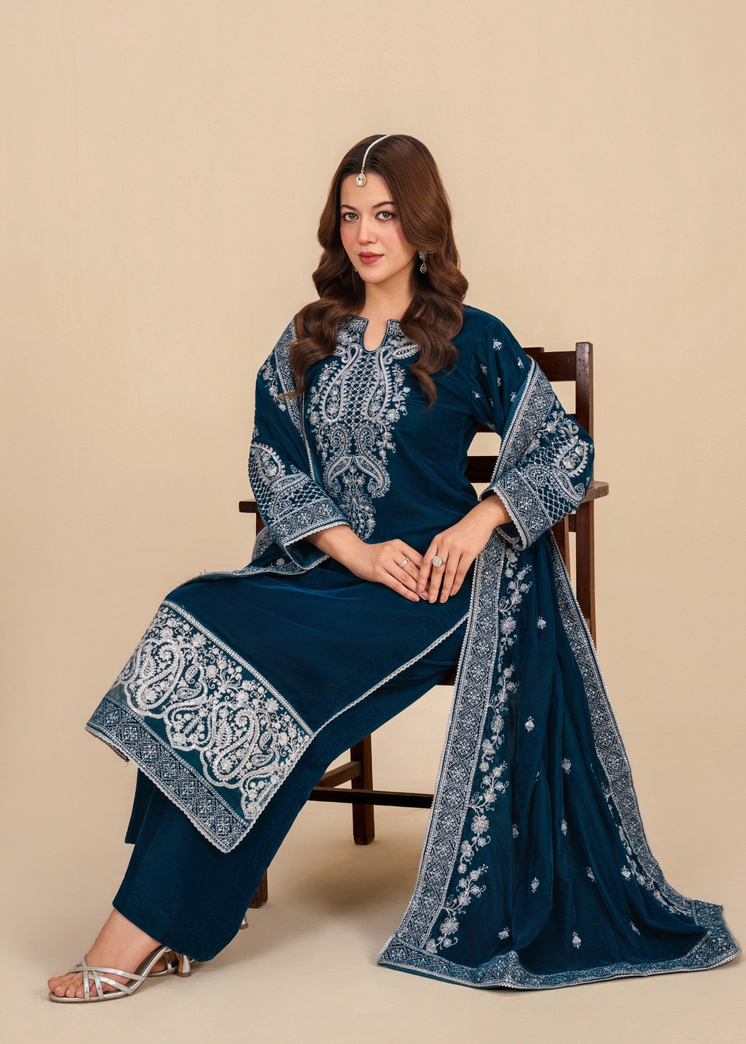 velvet Kurta Set in Yale blue