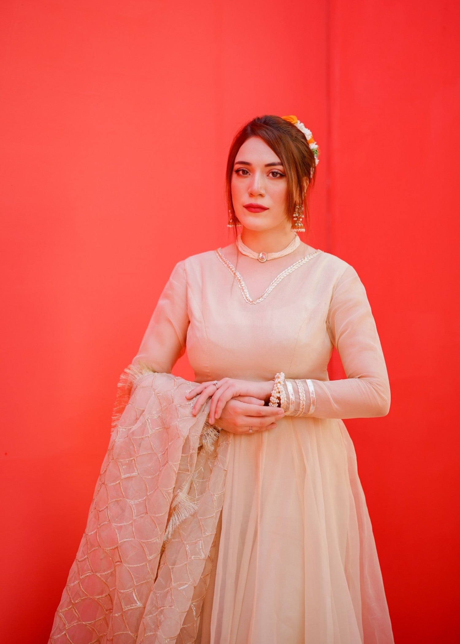 organza Pishwas in Cream