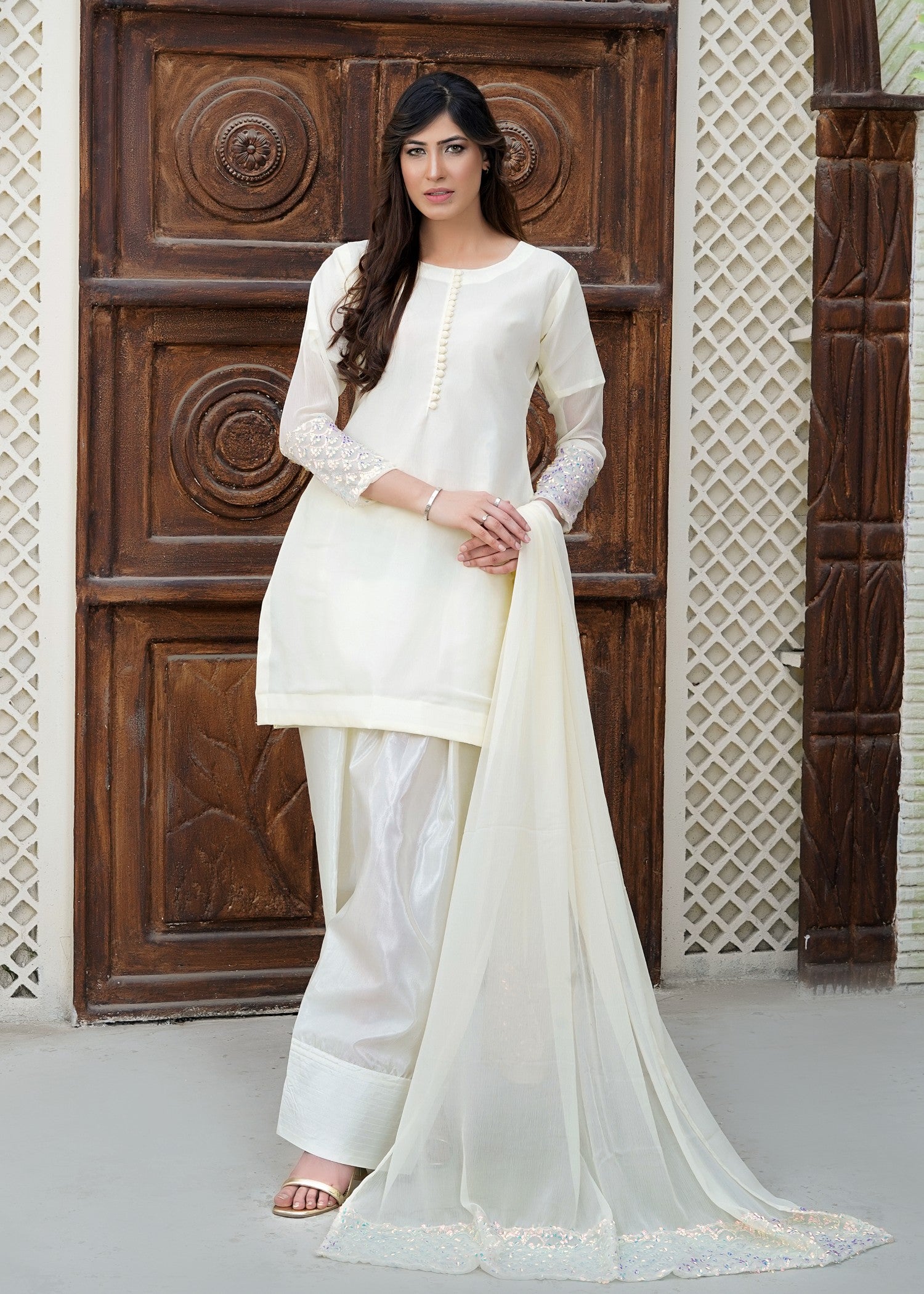 chiffon Kurta Set in Off-white