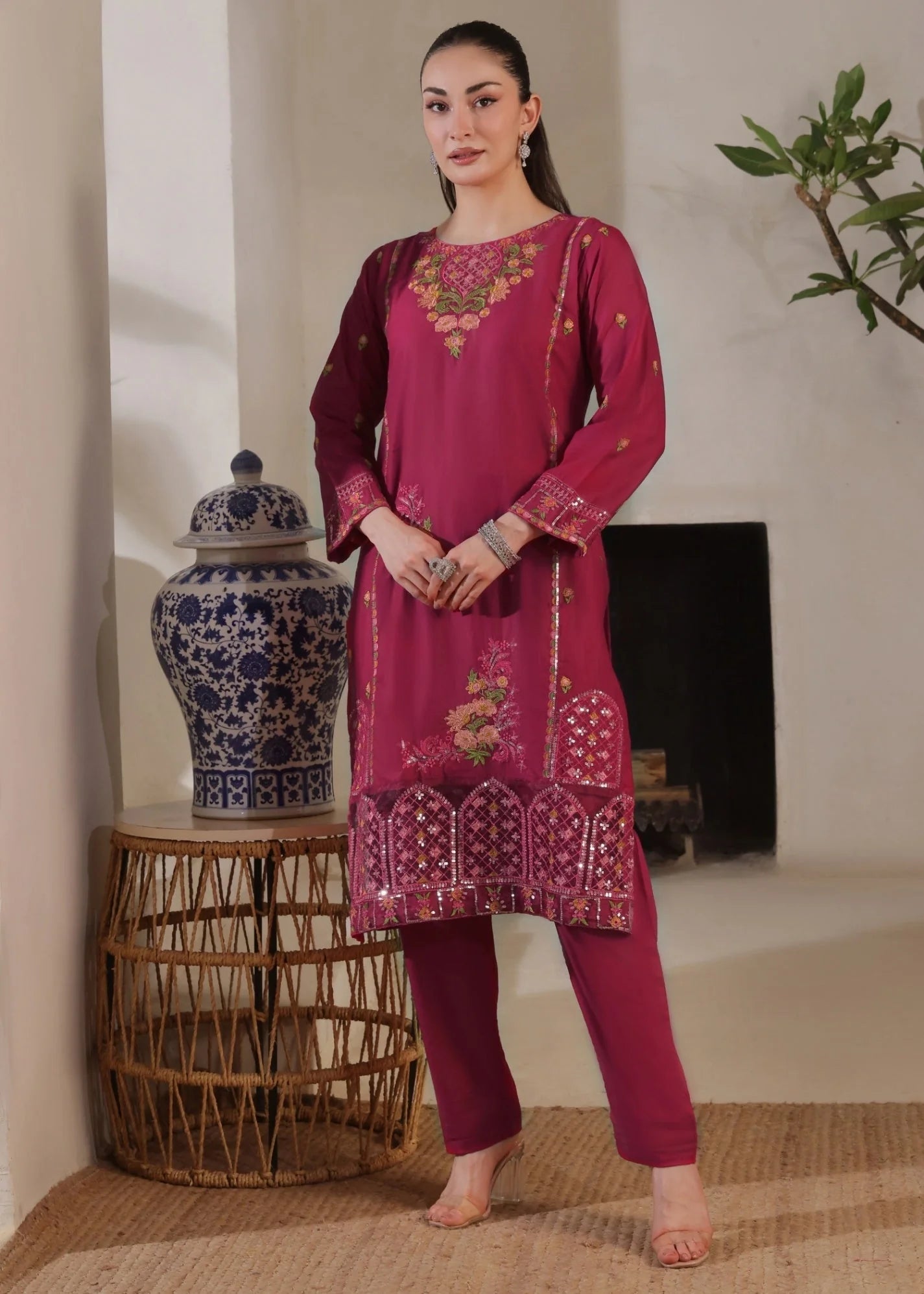 lawn cotton Kurta Set in Magenta