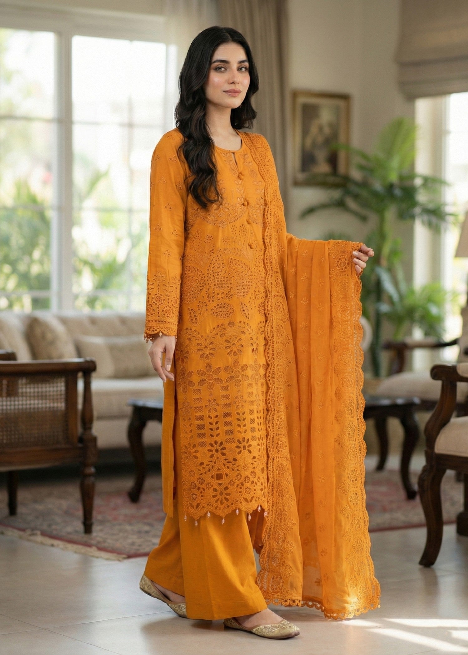 chikankari cotton Kurta Set in Mustard