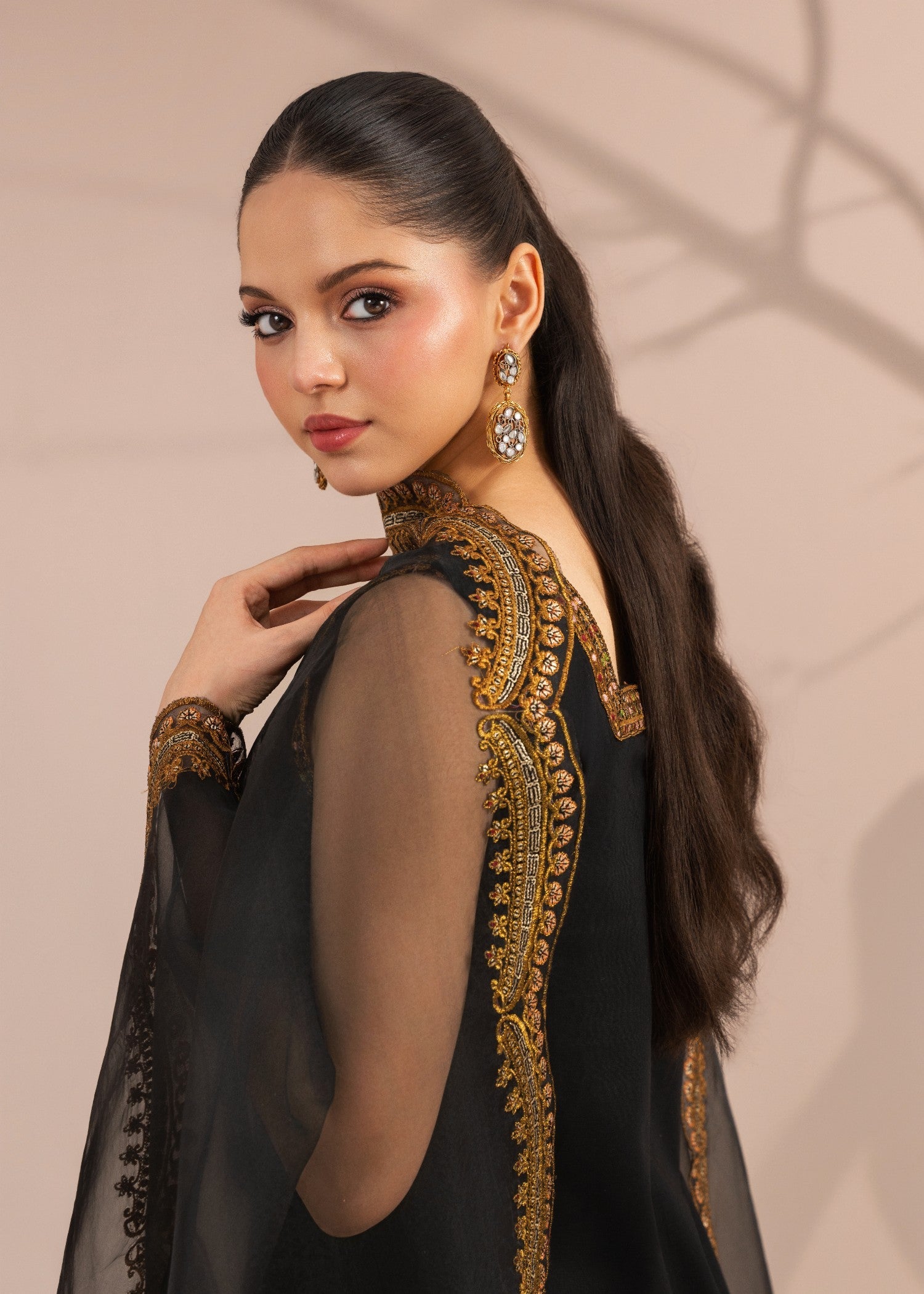 lawn Kurta Set in Jet black, gold