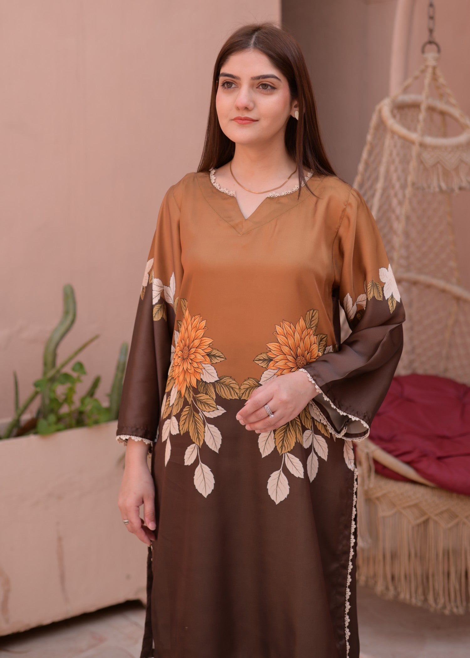 silk charmeuse Kurta Set in Camel brown