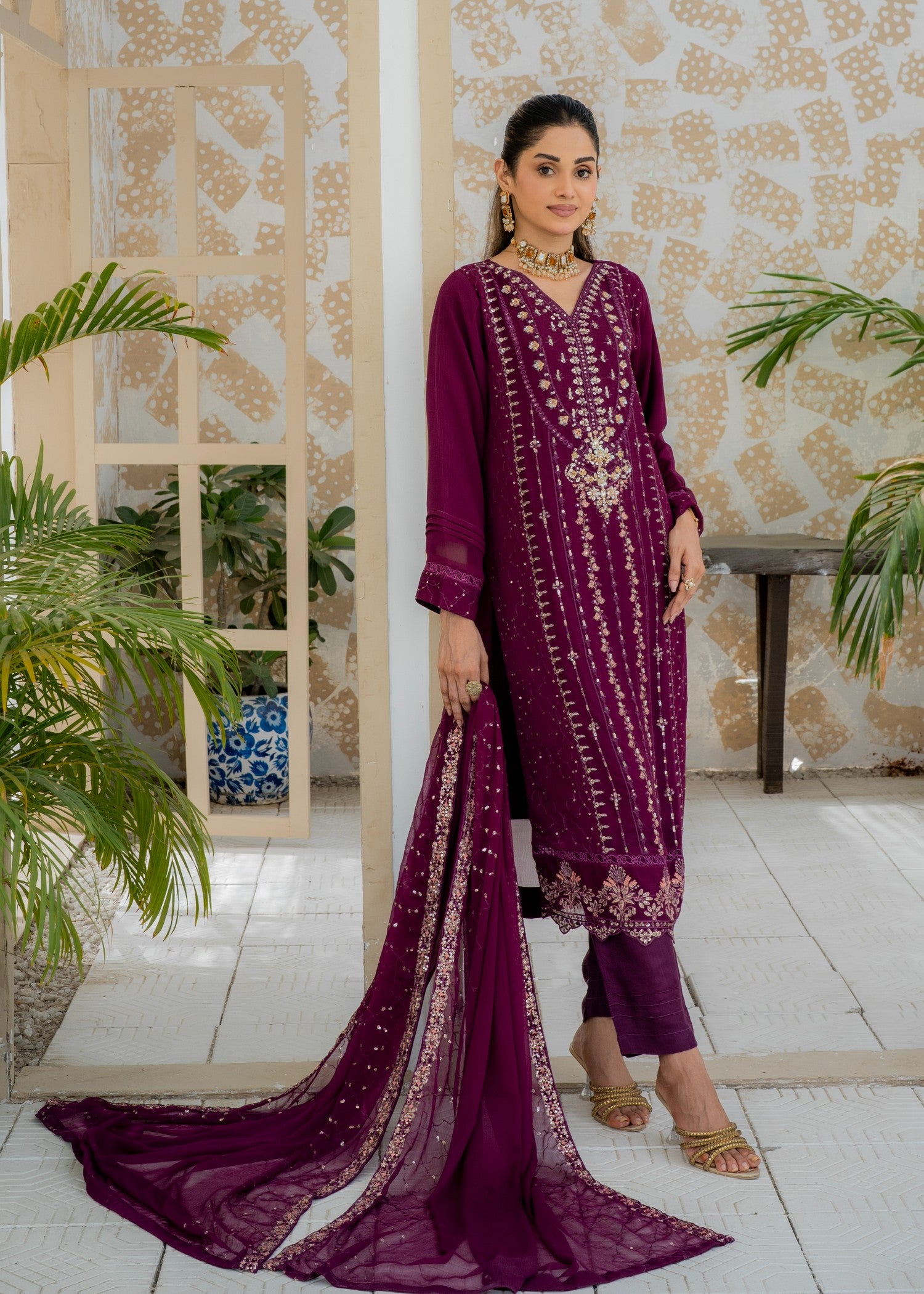 chiffon Kurta Set in Deep purple