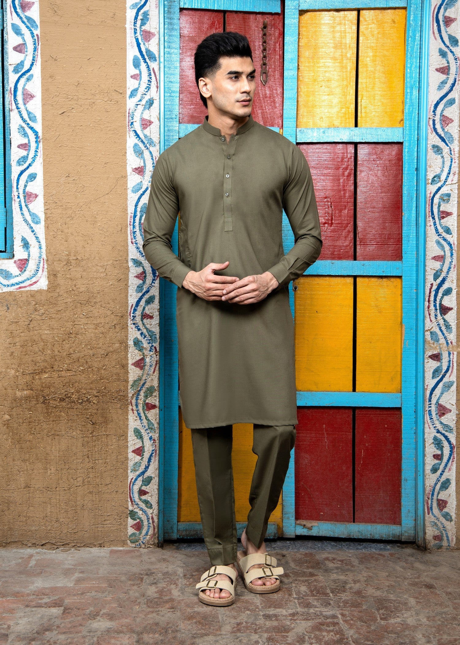 wash & wear Kurta Set in Army green