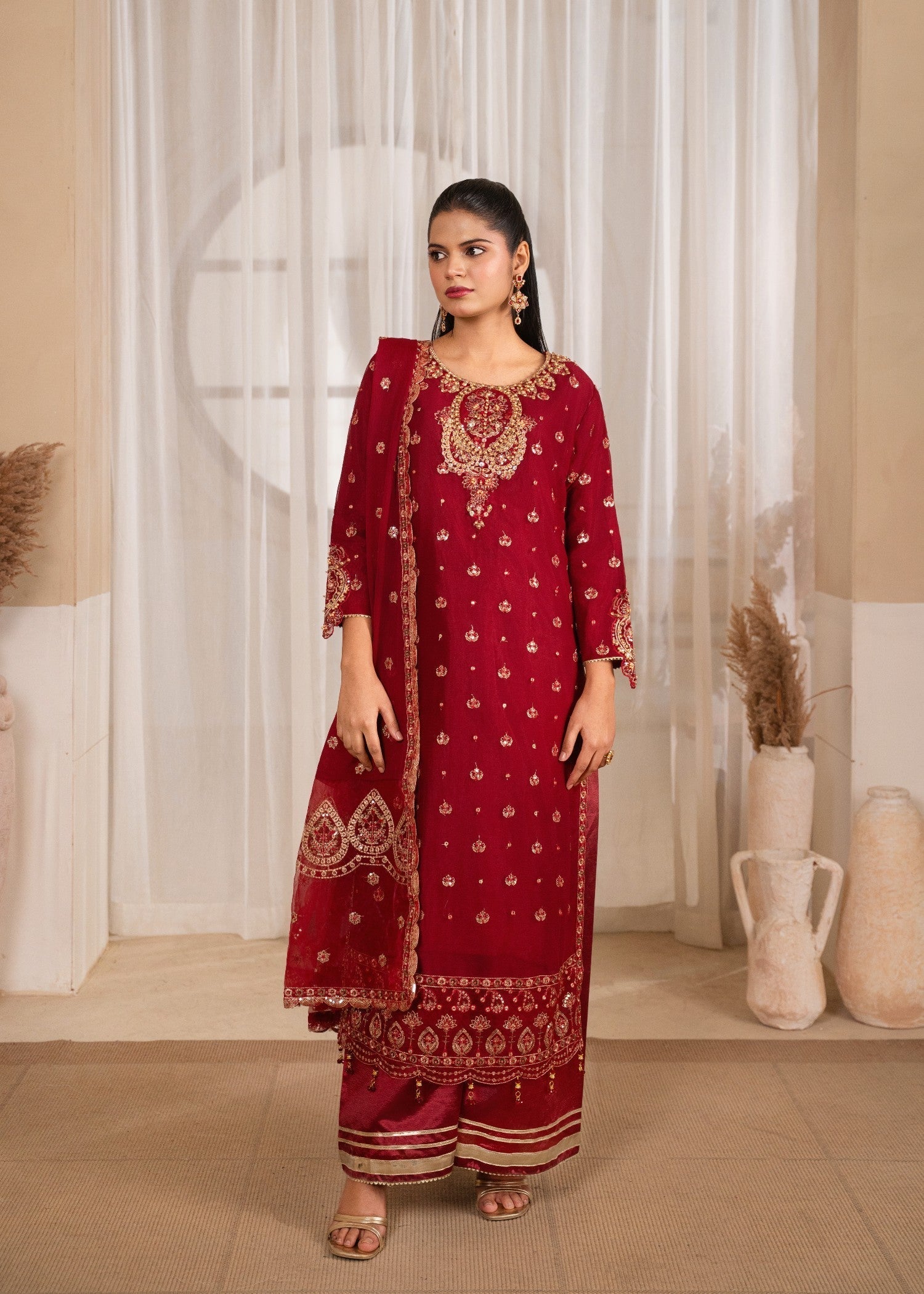 chiffon Kurta Set in Berry red