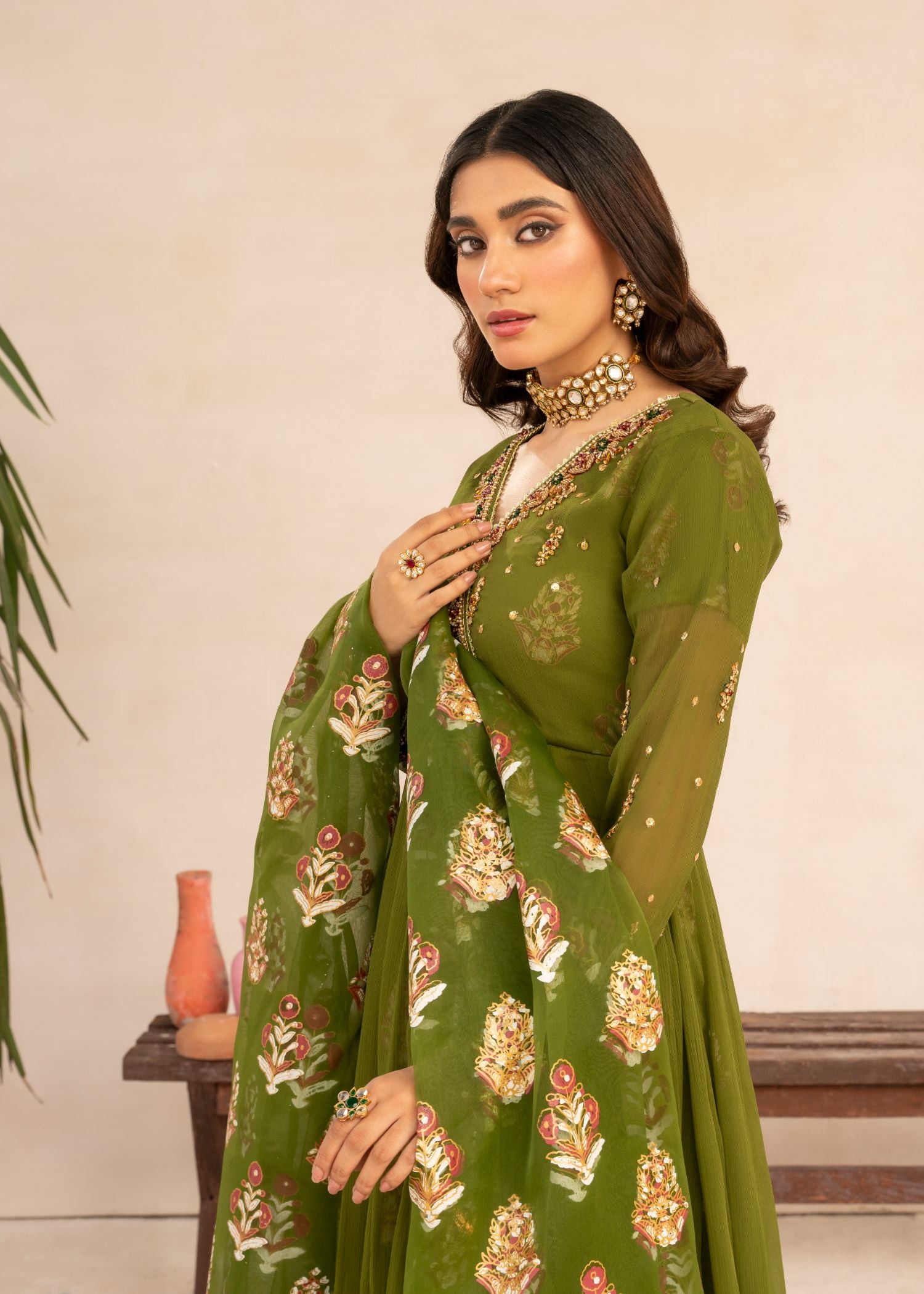 chiffon Angrakha in Olive green