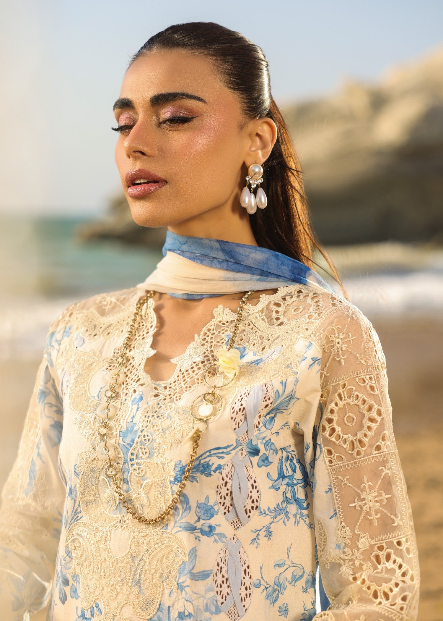lawn Kurta Set in Blue, white