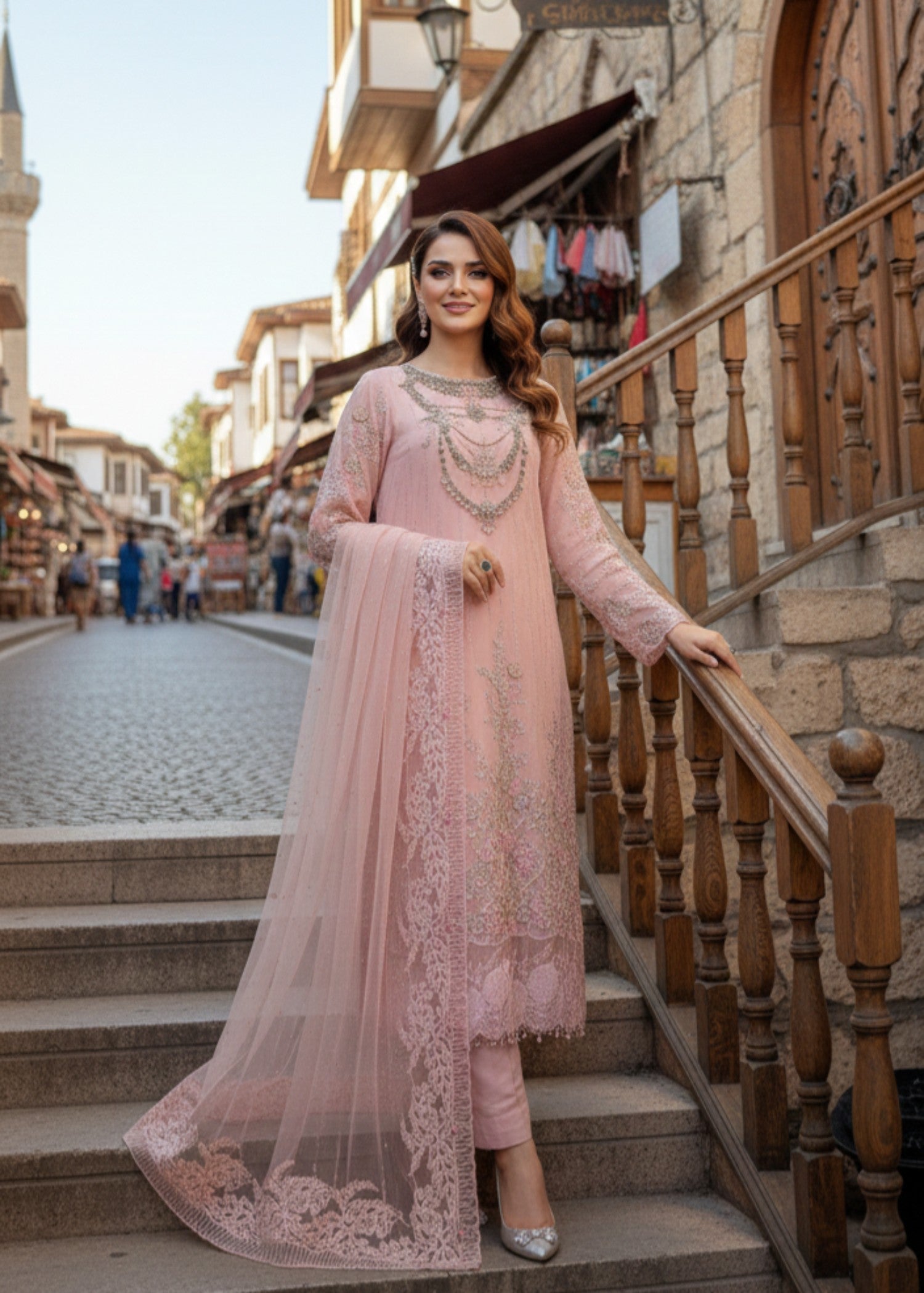crinkle chiffon Kurta Set in Light pink