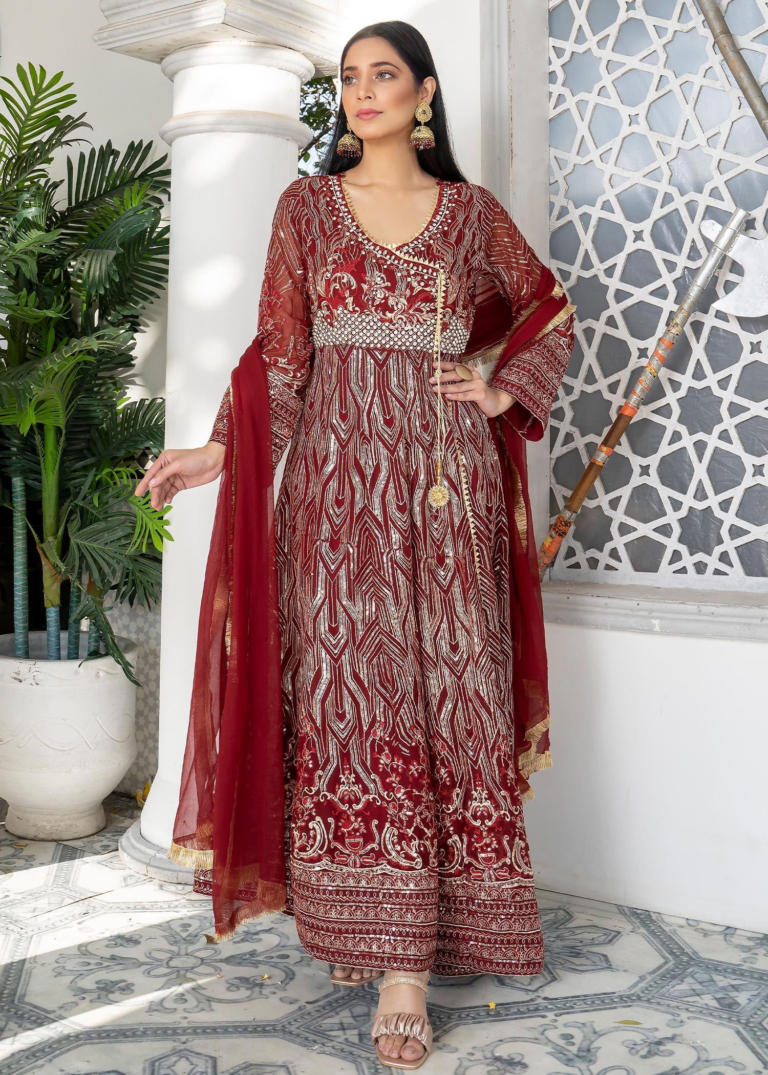 chiffon Angrakha in Maroon
