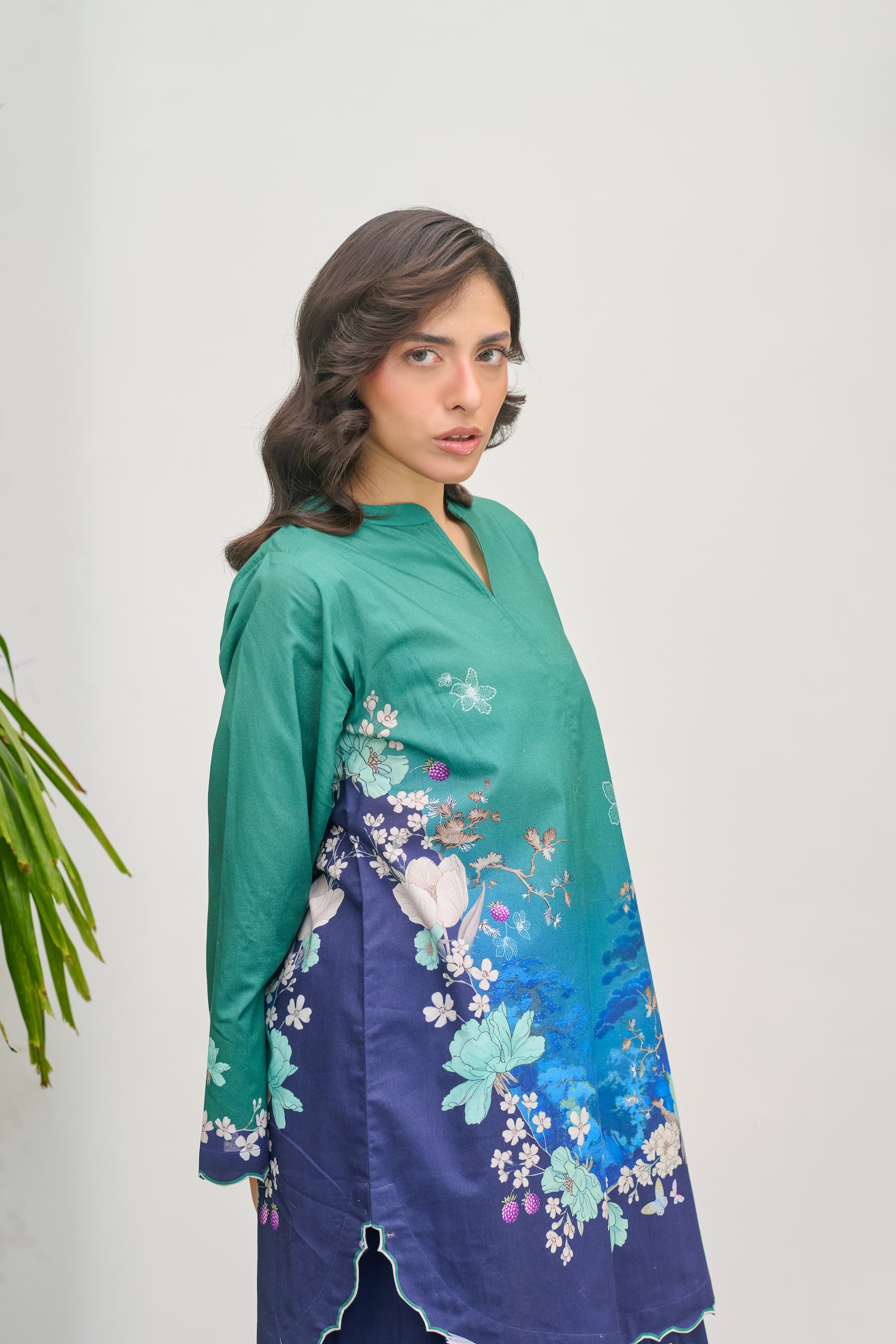 lawn Kurta Set in Teal, navy blue