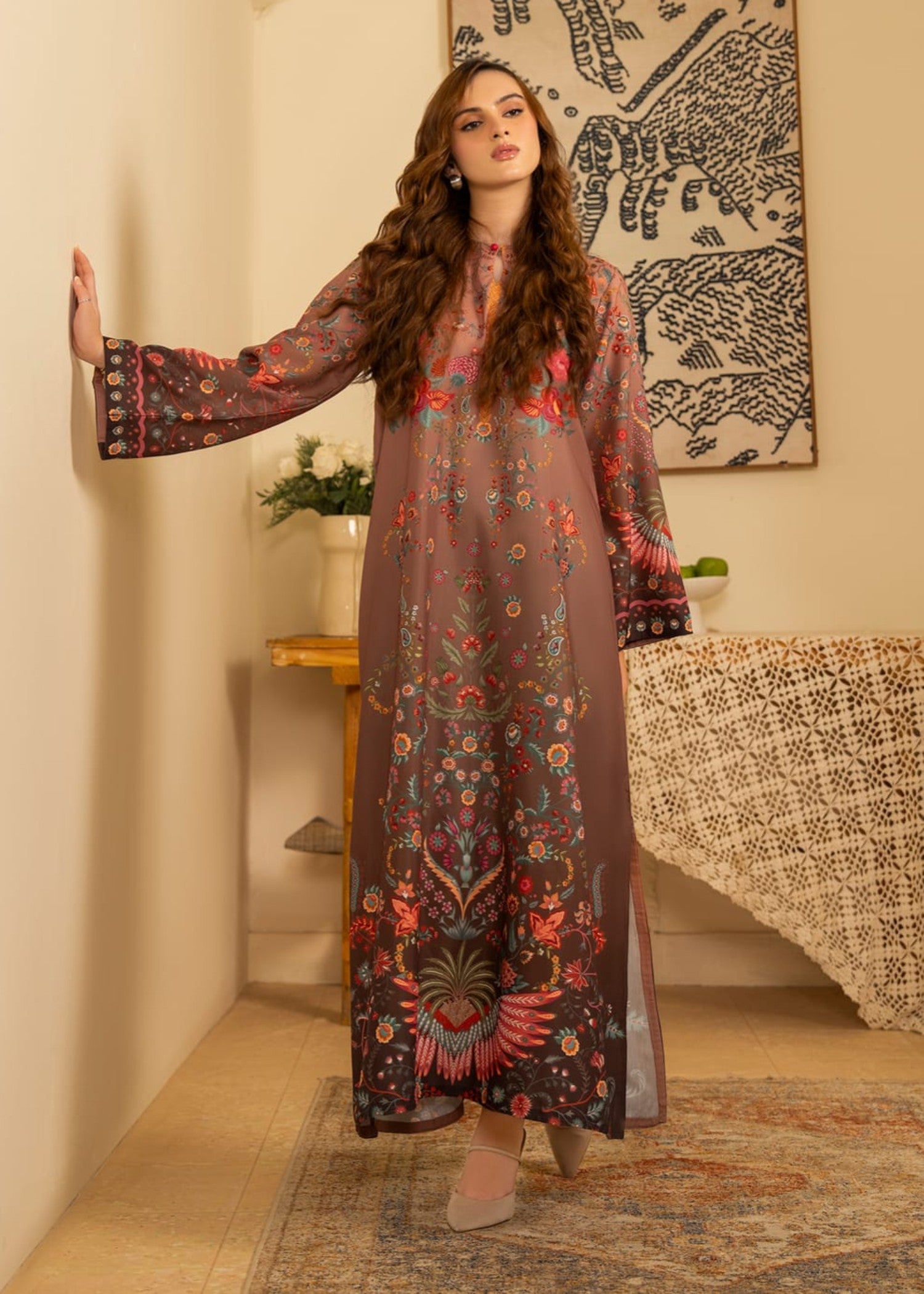 blended cambric Kaftan in Walnut brown