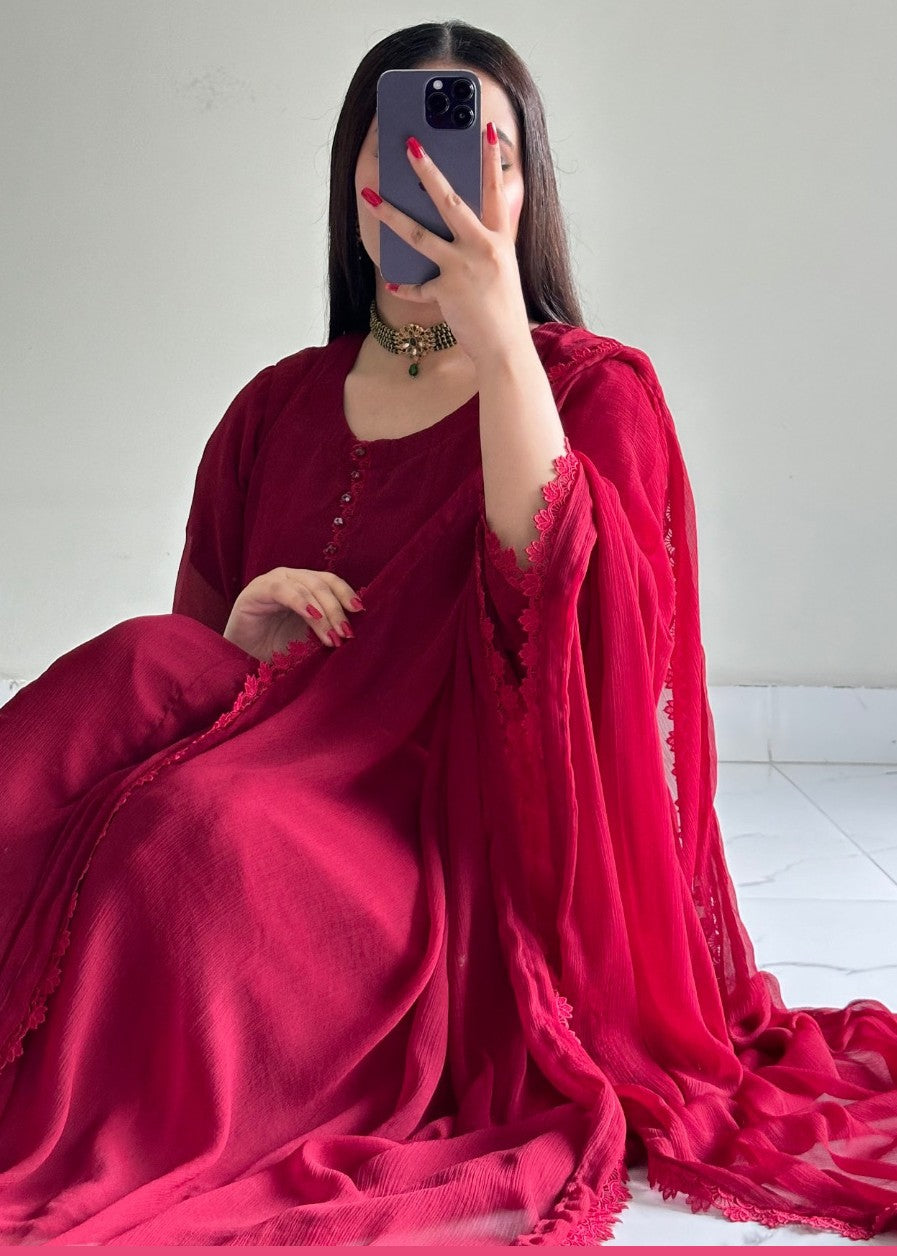 chiffon Pishwas in Maroon
