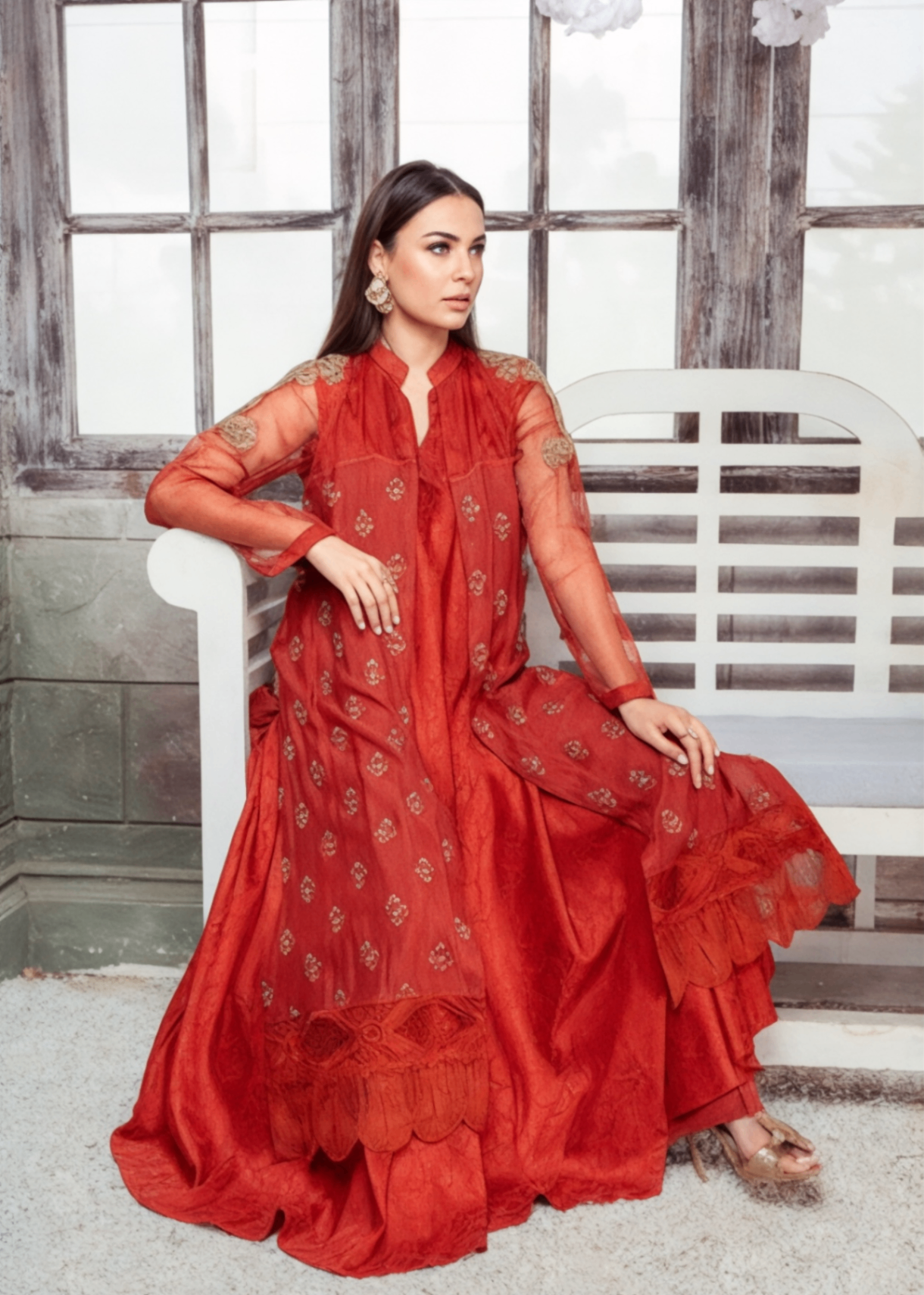 khaddi net Gown in Flame