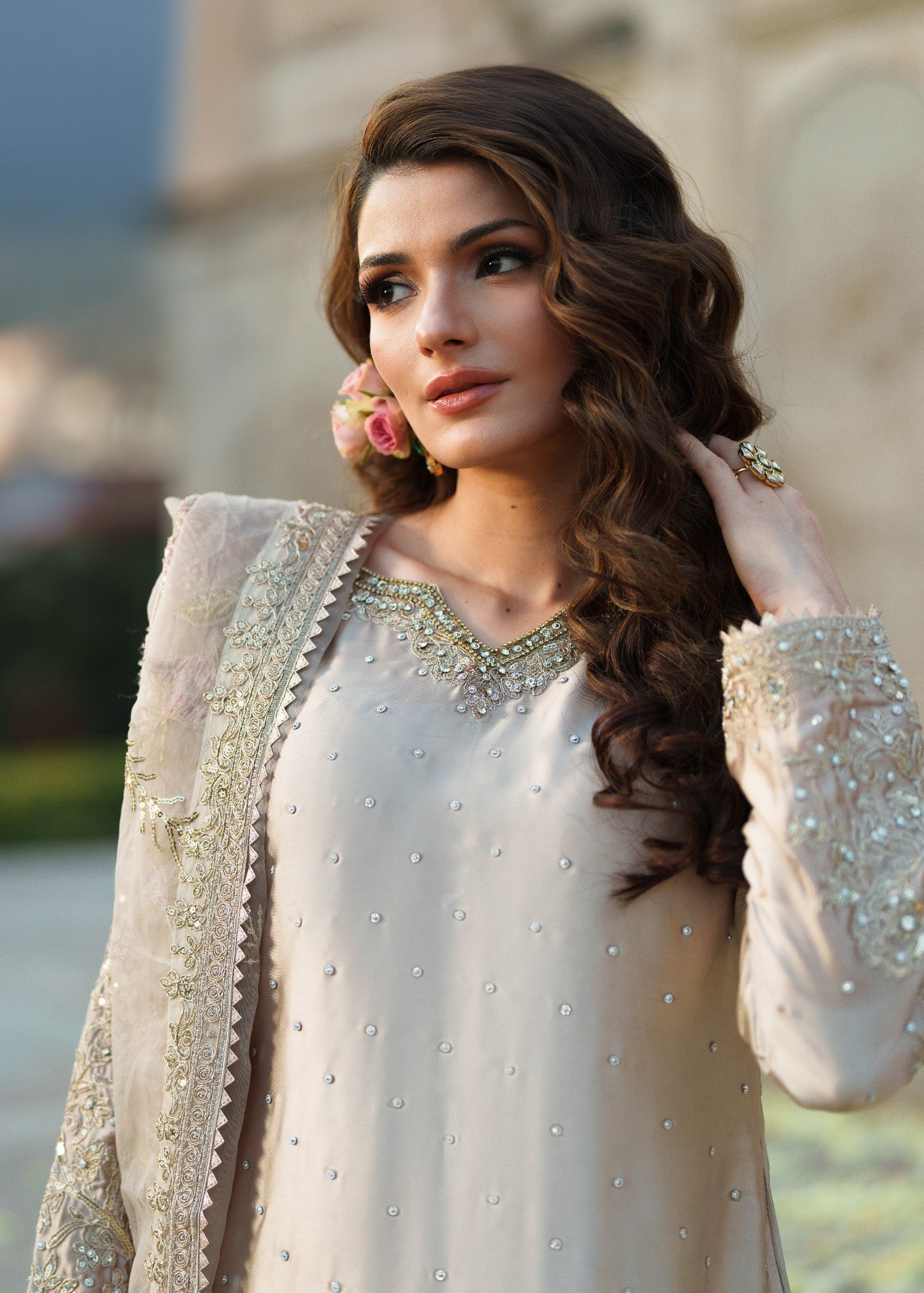 silk charmeuse Kurta Set in Beige