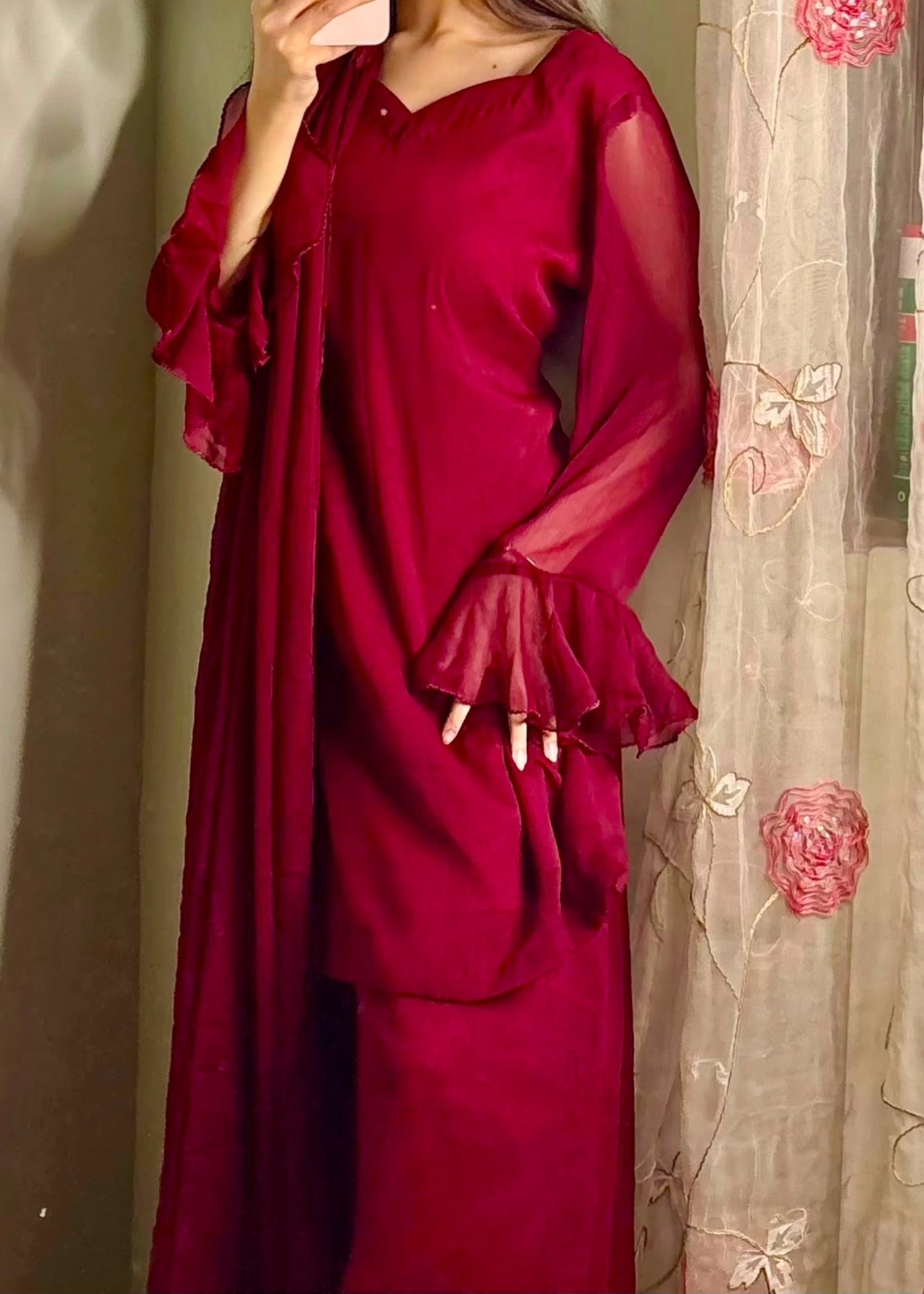 crinkle chiffon Kurta Set in Wine red