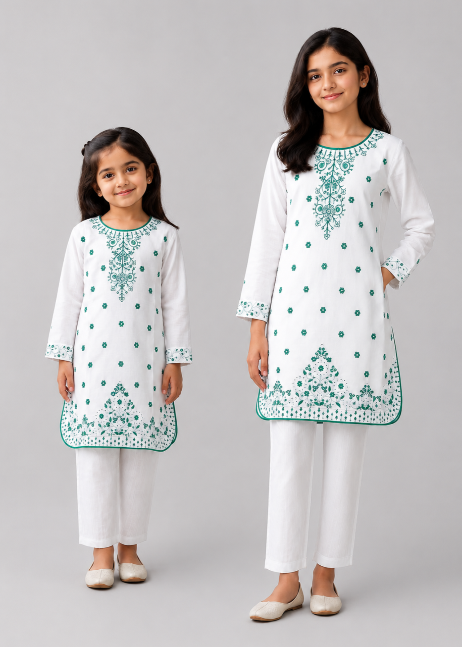 cotton Kurta Set in White, sea green