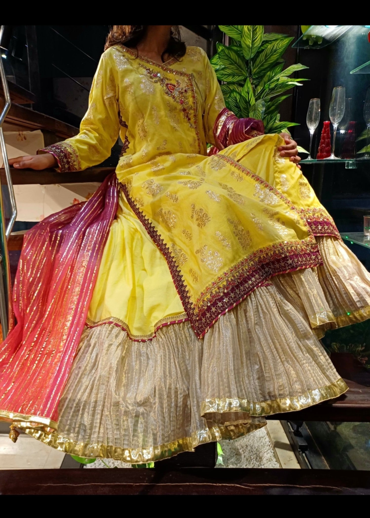 cotton jacquard Angrakha in Yellow