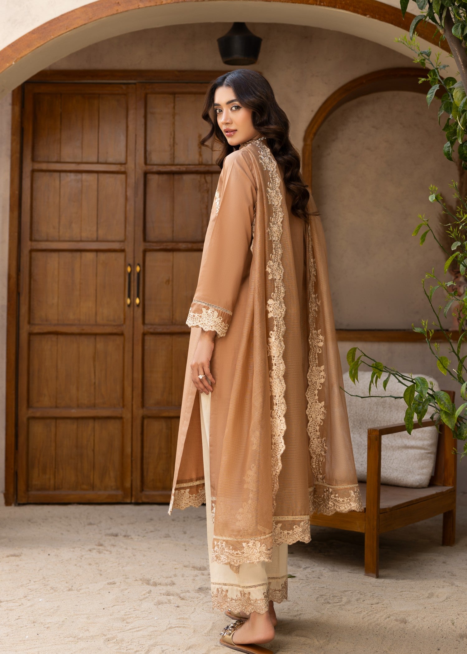 lawn cotton Kurta Set in Peanut