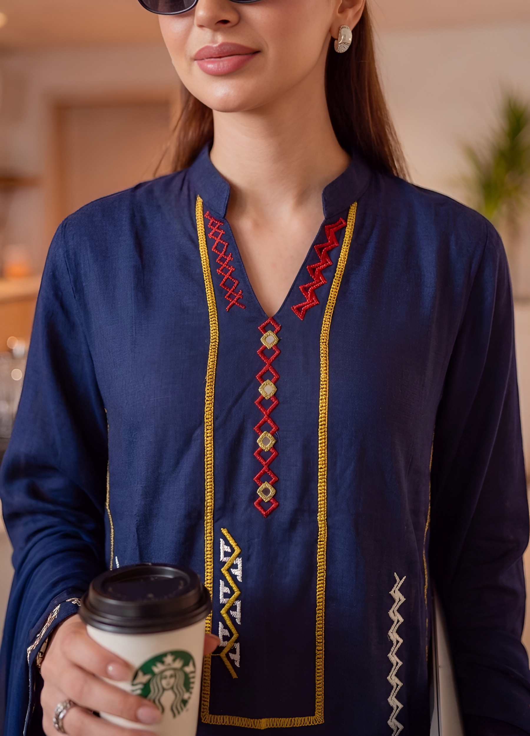 linen Kurta Set in Olive green, navy blue