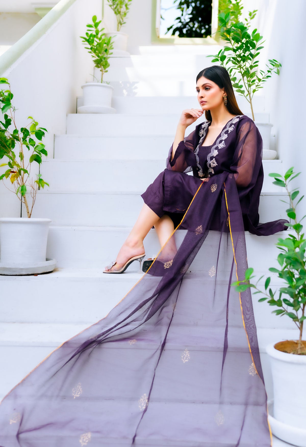 silk cotton net Kurta Set in Purple