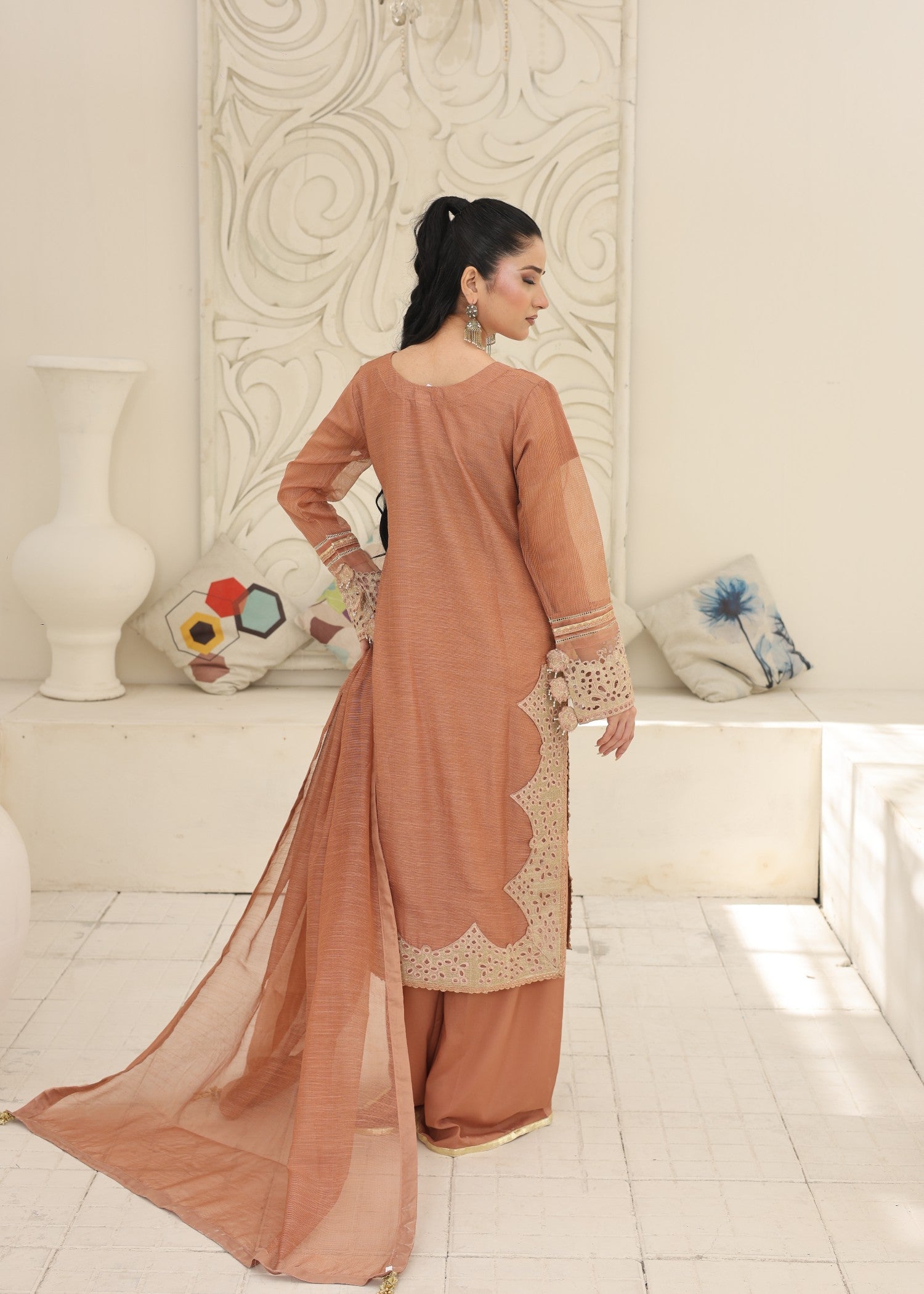 khaddi net Kurta Set in Desert orange